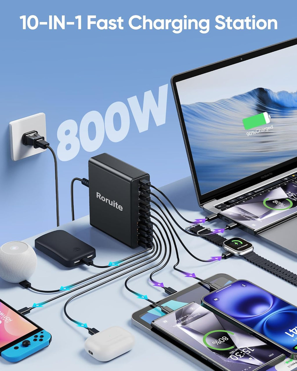 800W USB Charging Station, 120W PD GaN5 Super Fast USB C Charger Block-10 Port, Type C for PC Laptop MacBook Pro/Air Charger Compatible with iPhone 17 16 15 14 13 12 Pro Max, iPad, Galaxy (Black)