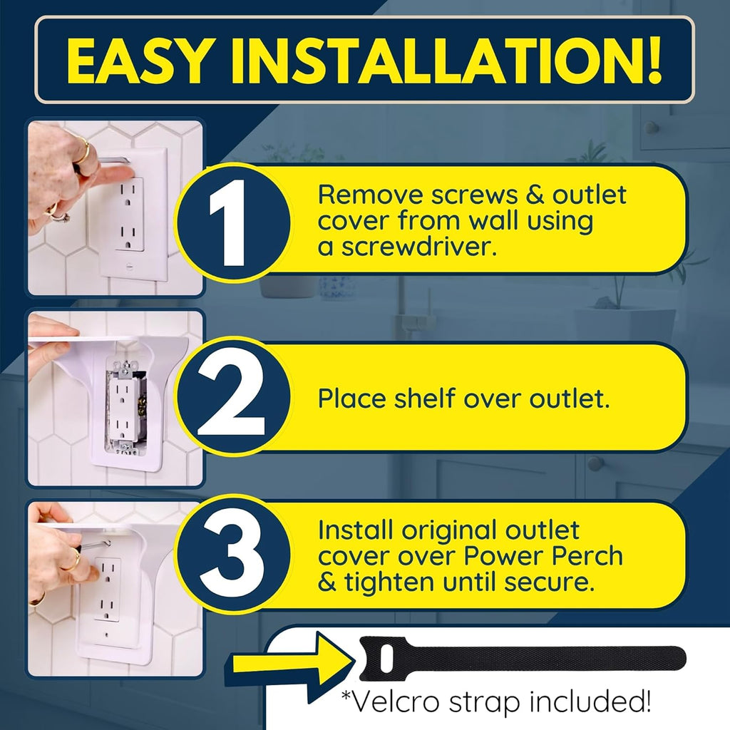 BeraTek Power Perch Wall Outlet Shelf with Cord Storage Strap - Declutter & Reclaim Counter Space - Top Uses: Charging Shelf, Echo Dot Stand, Apple HomePod Mini Wall Mount - White, 2-Pack