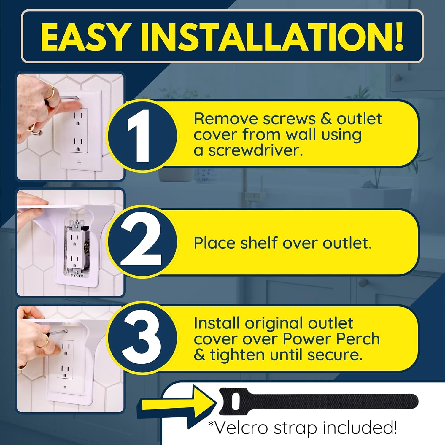 BeraTek Power Perch Wall Outlet Shelf with Cord Storage Strap - Declutter & Reclaim Counter Space - Top Uses: Charging Shelf, Echo Dot Stand, Apple HomePod Mini Wall Mount - White, 2-Pack