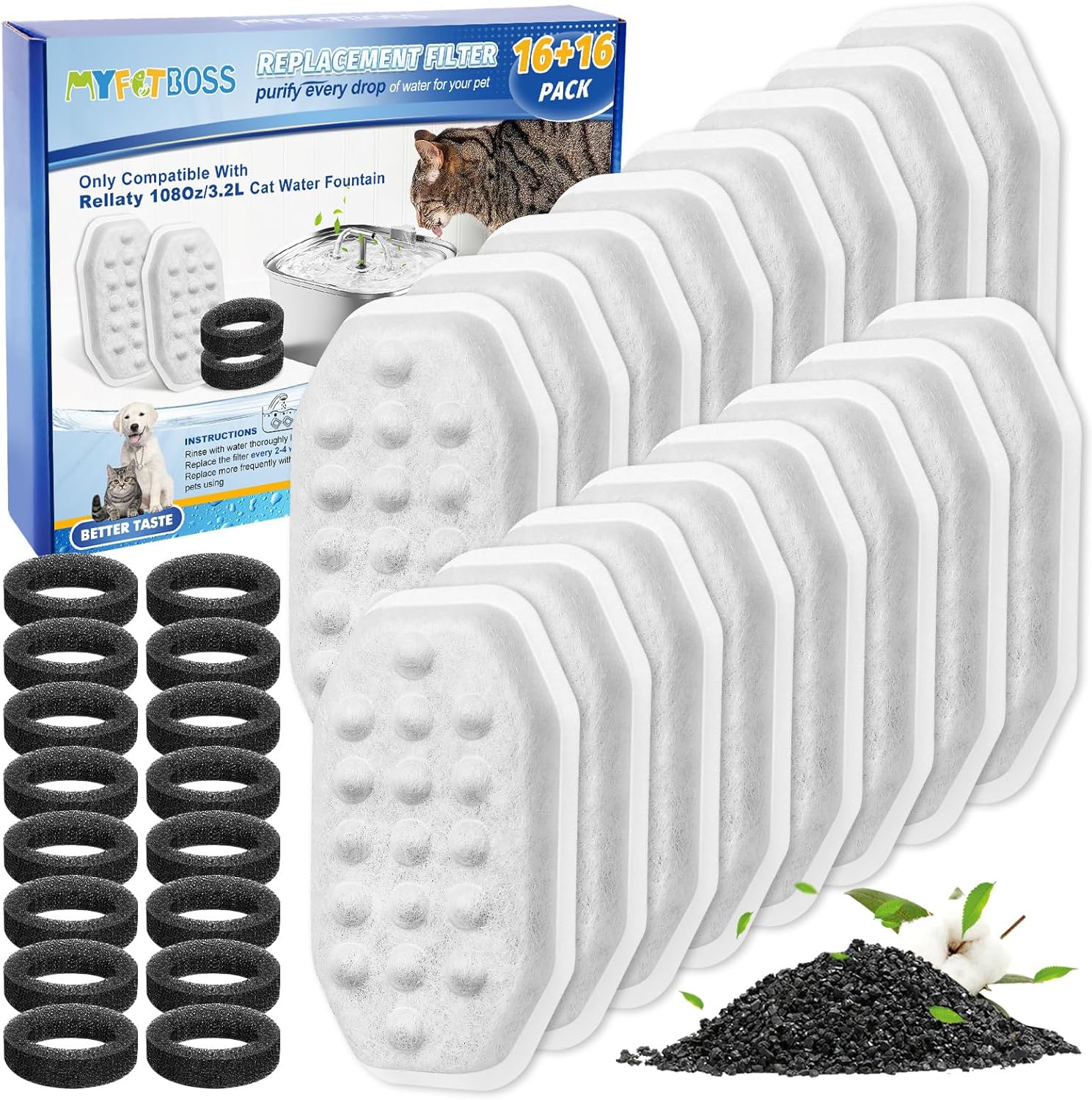 16+16 Pack Pet Water Fountain Filter Compatible with Rellaty & Fit for Neareal 108oz/3.2L Automatic Dog Water Dispenser, Cat Filters for Fountain Cat Bowl
