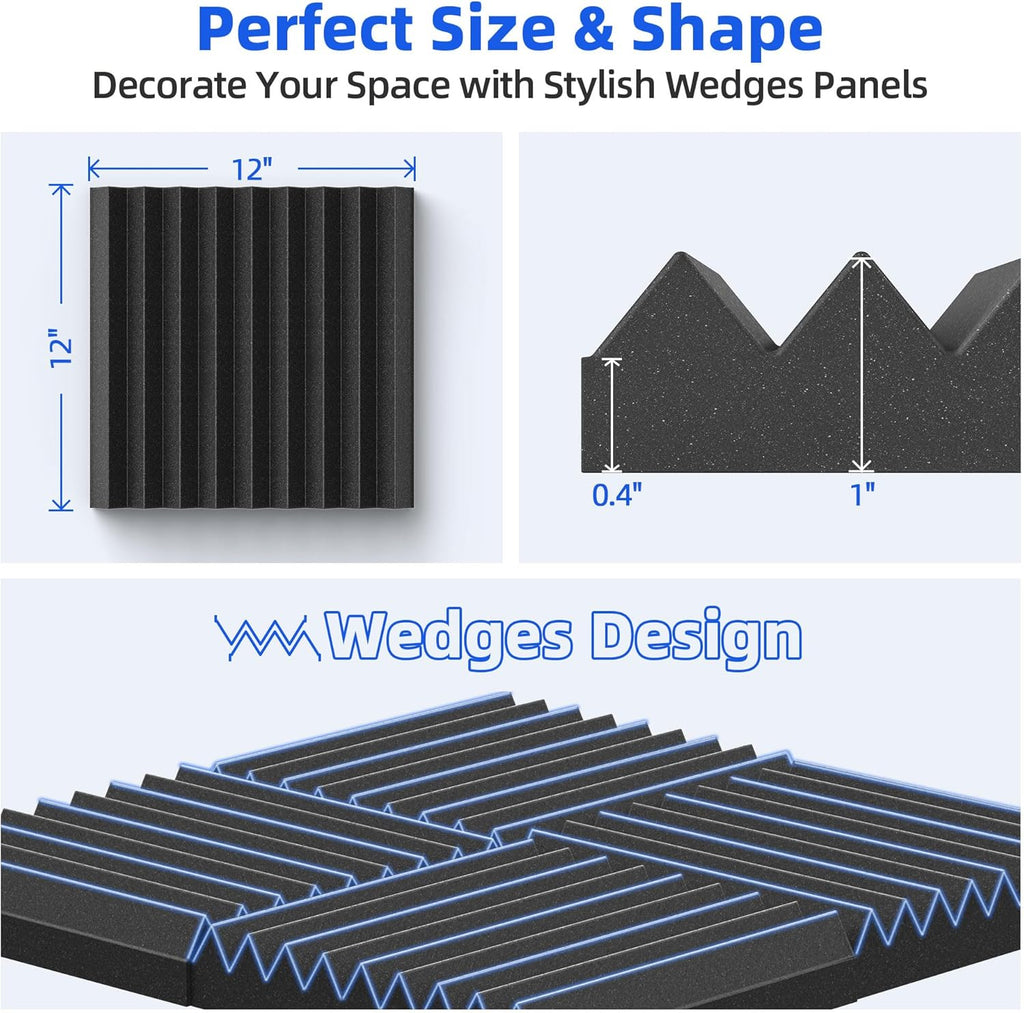 48 Pack Sound Proof Foam Panels for Wall with Self Adhesive, 1" X 12" X 12" High Density Acoustic Panels Sound Absorbing Quick-Recovery, Wedges Soundproof Wall Panels for Gaming & Studio Decor - Black