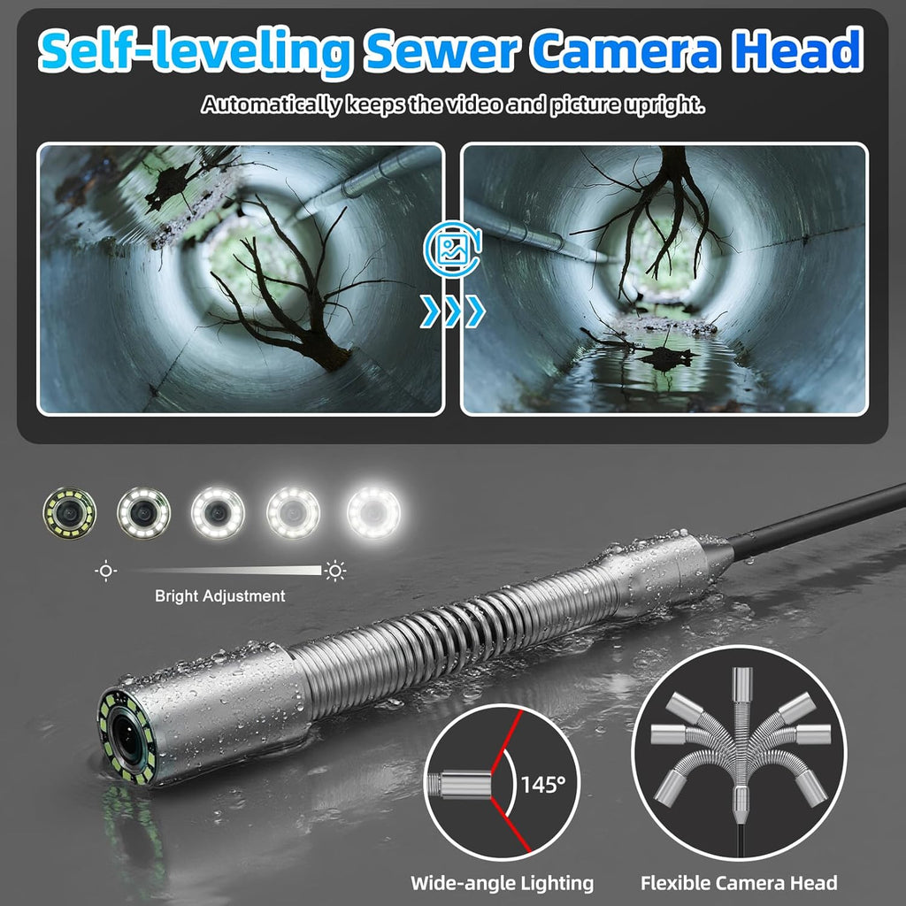 Sanyipace Sewer Camera Self Leveling, Drain Camera 100FT/30M with Meter Counter, 10" HD 1080p Plumbing Cameras with 12 LEDs, IP68 & 32GB DVR, Industrial Endoscope for Duct Sewer Line Pipe Inspection