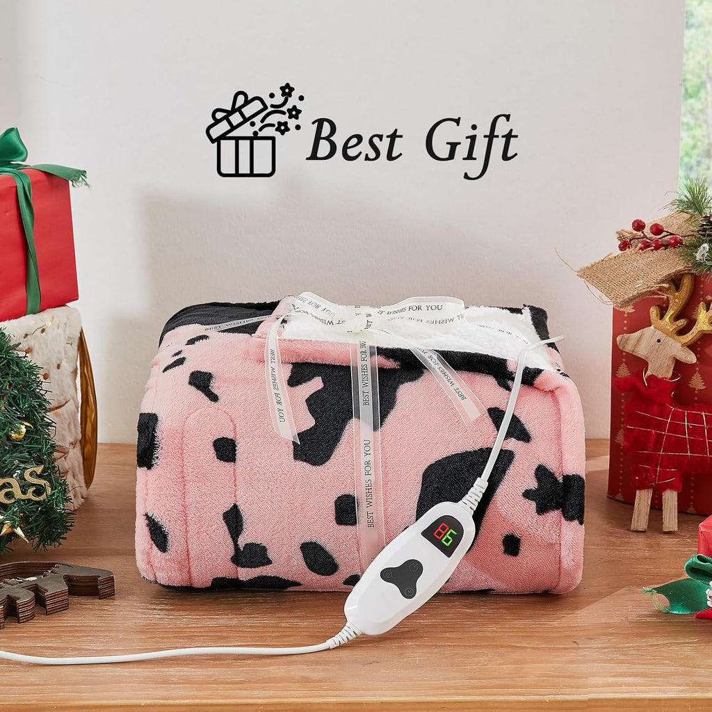 Cow Print Electric Heated Blanket Queen Size,84X90 Light Pink Heating Blanket Queen with Dual Control&Timer&10 Heat Levels,Highland Cow Decor Sherpa Blankets Warmer Gifts for Bed Women Adults