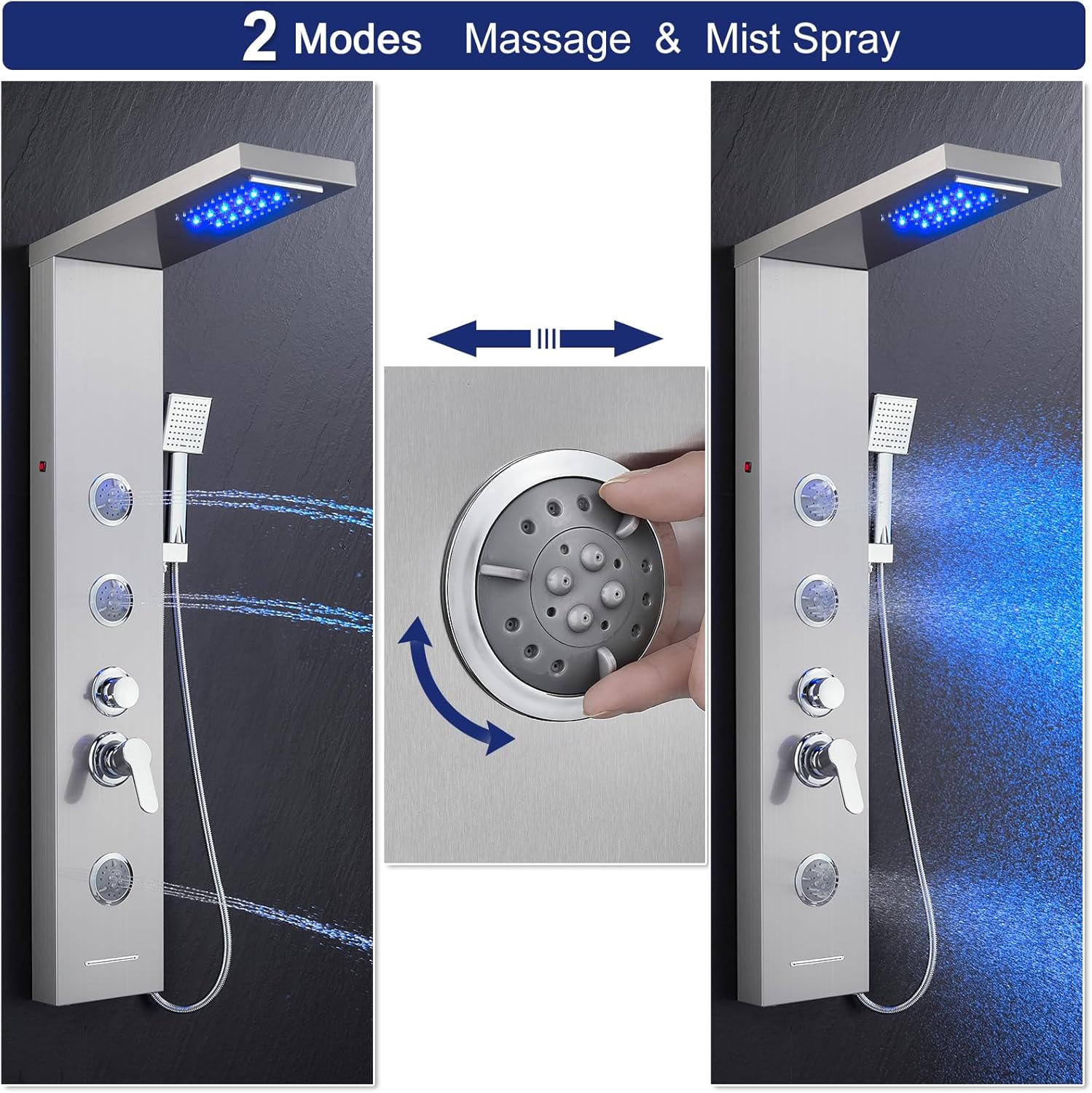ROVATE LED Shower Panel Tower System with Rainfall Waterfall Shower, Shower Panel with Jets and Rainfall and Handheld, 5 in 1 Brushed Stainless Steel Shower Panel System High Pressure with Tub Spout