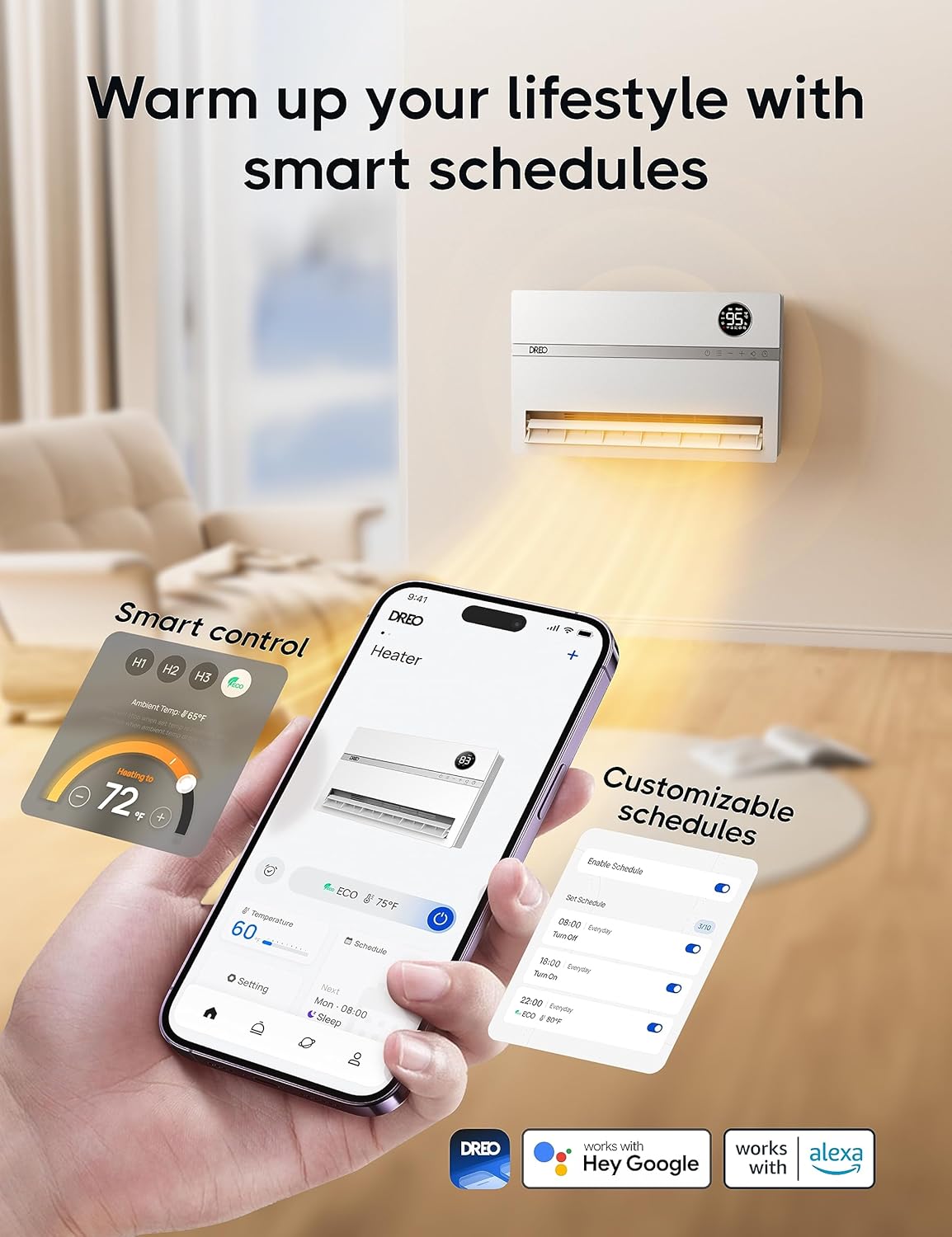 Dreo Wall Heater for Bathroom, Smart Space Heaters with ALCI Plug, 1500W, 120° Vertical Oscillation, Adjustable Thermostat, 24H Timer, Easy Installation Electric Heater for Indoor use, Bedroom, Office