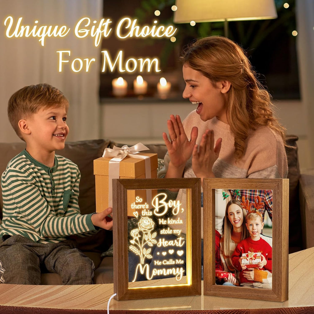 Christmas Gifts for Mom from Daughter Son Kids, Mom Gifts Engraved Night Light with 5x7 Mother Picture Frame Solid Wood, New Mama Gift Mommy Son Picture Frame Mother-in-Law Birthday Gift for Mama