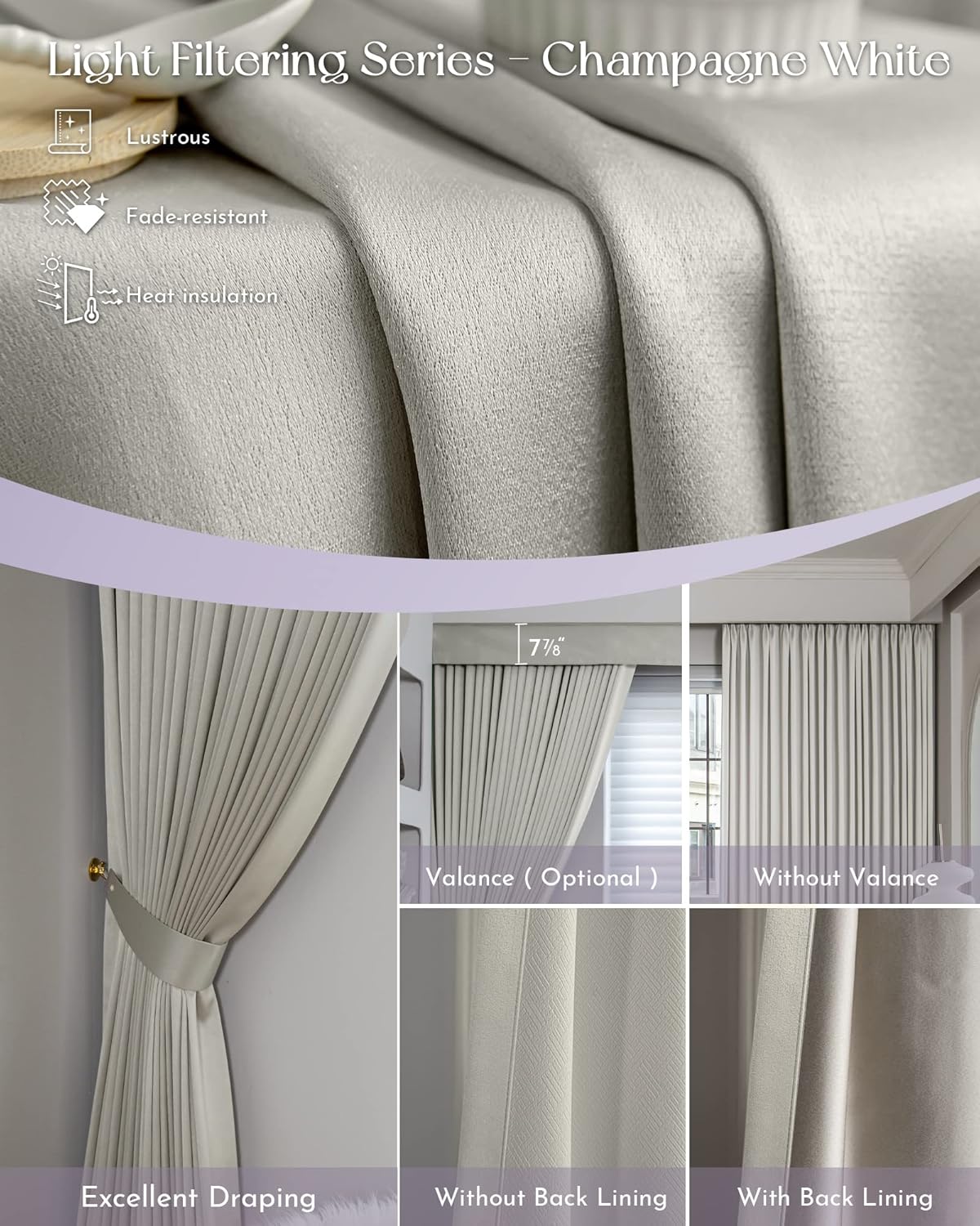 Graywind Rechargeable Smart Curtains Compatible with Alexa App Remote Control Motorized Drape for Sliding Door One-Way or Split Draw, Custom Width Up to 220" (Champagne White)