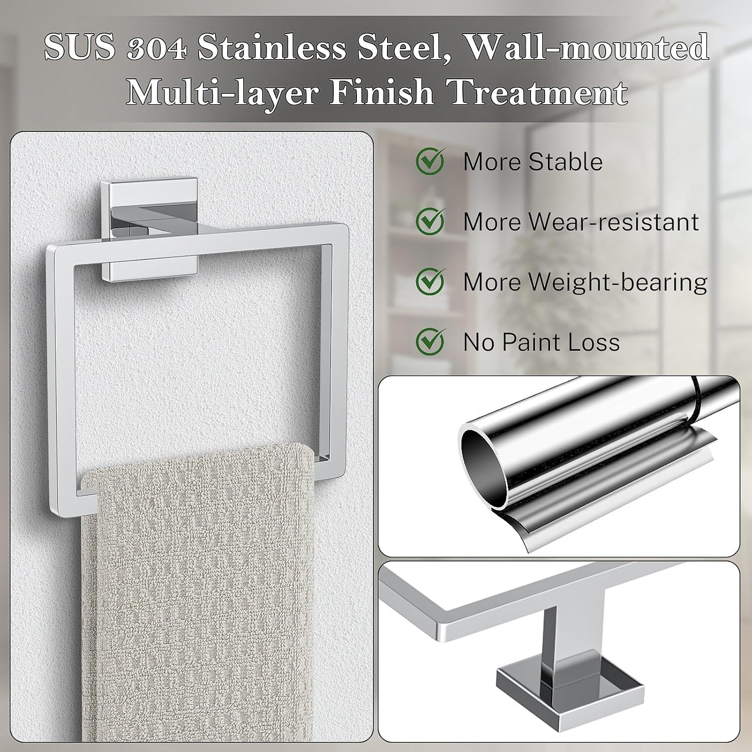 Polished Chrome Towel Ring Square Hand Towel Holder Towel Hanger Bathroom Hardware Accessories Stainless Steel Wall-Mounted Towel Rack