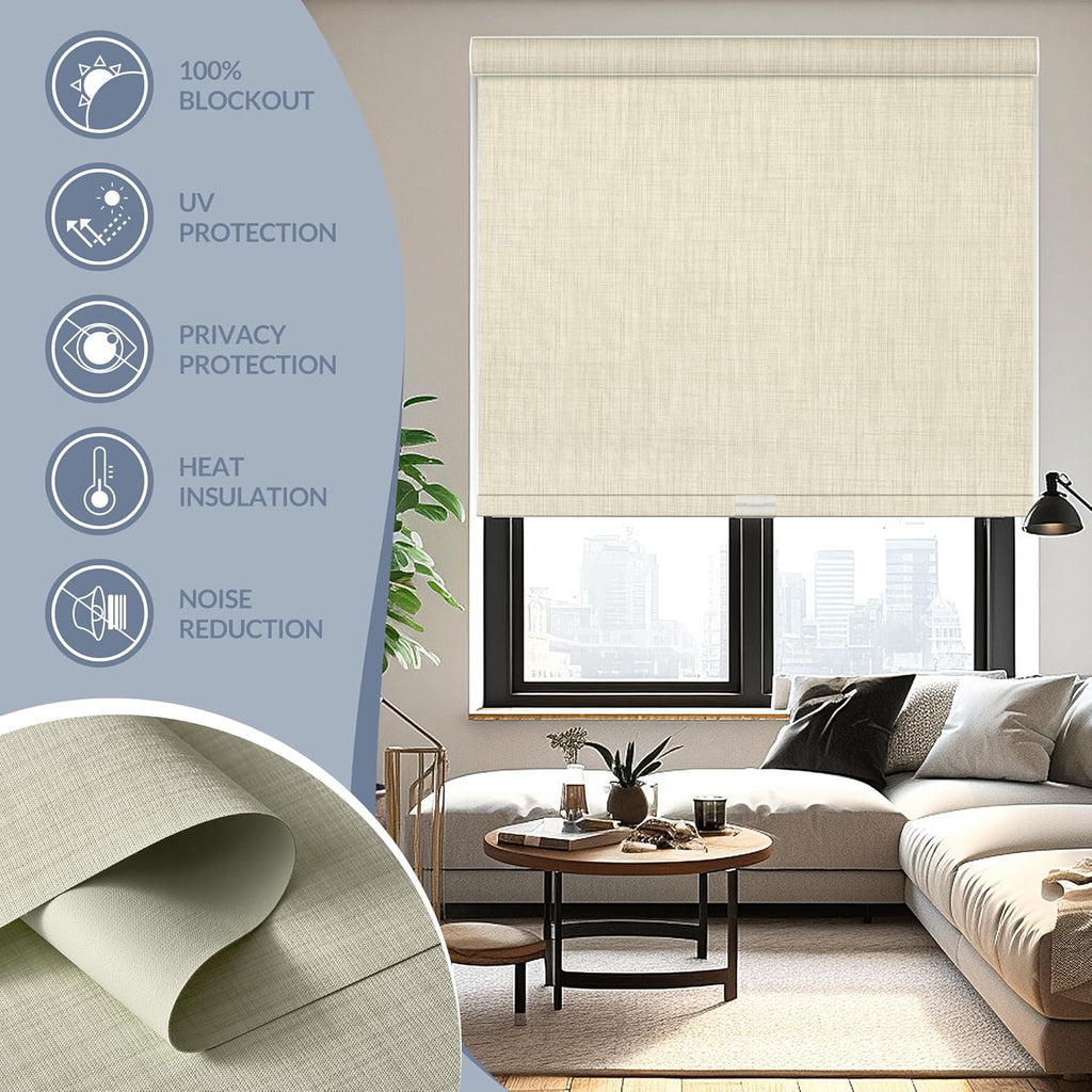 Boolegon Motorized Roller Blinds - 100% Blackout Smart Electric Shades with Remote, Compatible with Alexa/Google Home/HomeKit via Hub, Easy Install for Home Office, Beige, Custom Size.