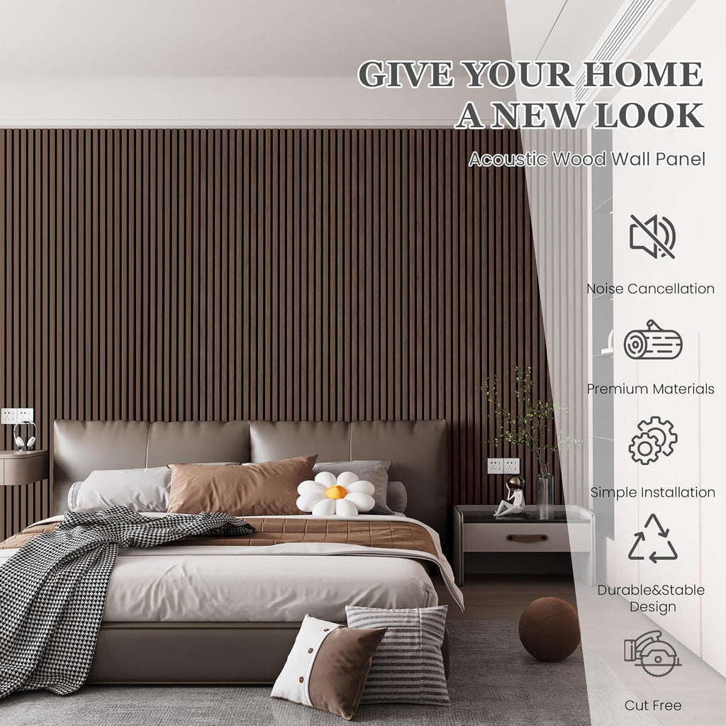 Wood Salt Acoustic Wall Panels, 4 Piece 94" x 12.6" x 0.8" Soundproof Wooden Wall Panels, 3D Fluted Sound Absorbing Panel, Natural Walnut