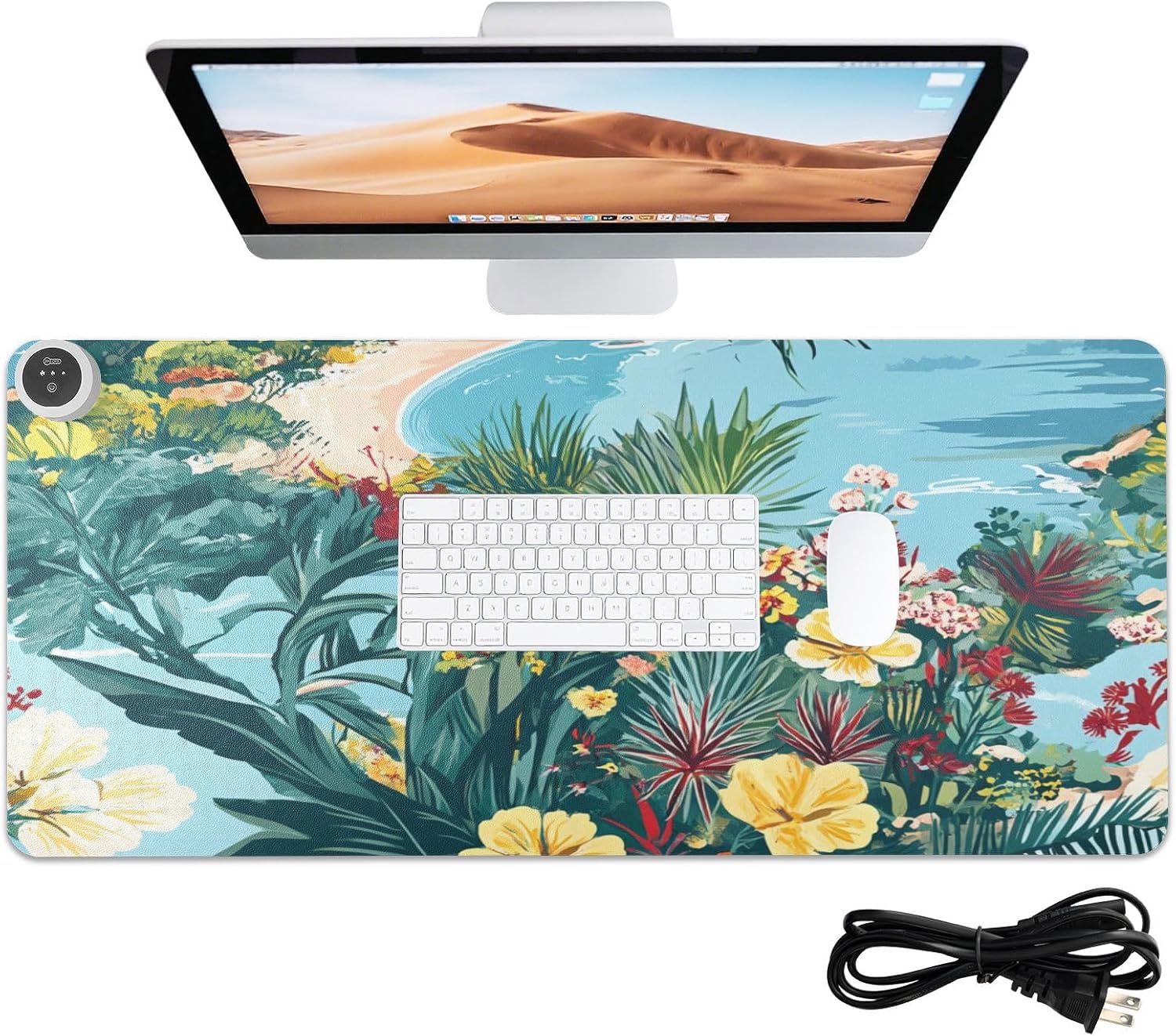 Heated Desk Pad Mouse Pad 31.5x13 Inch PU Leather Desk Mat with 3 Heat Levels Large Mouse Gaming Computer Laptop Mat Coastline Hibiscus
