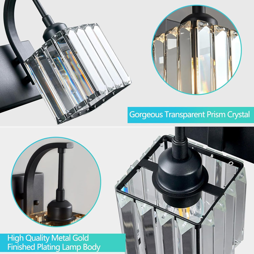 Crystal Vanity Lights 2-Light Black Wall Lamp Modern Crystal Bathroom Light Fixtures Over Mirror 13.77" Long Bathroom Wall Sconce