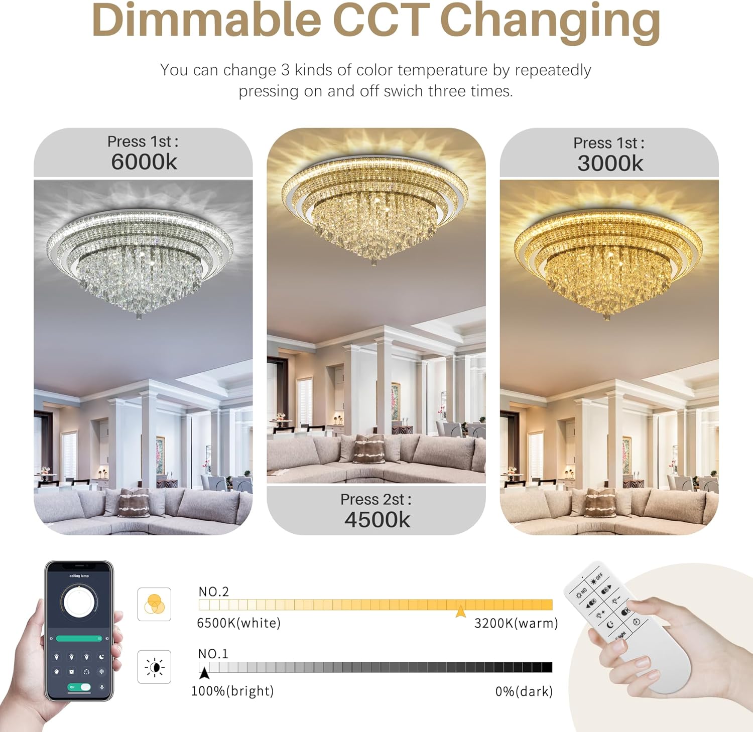 COCOSTAR Sliver Elegant LED Crystal Raindrop Ceiling Light with Remote and APP, 40" Modern Flush Mount Chandelier Light Fixture, 3CCT Dimmable, for Living Room Kitchen Island Bedroom Entryway Foyer