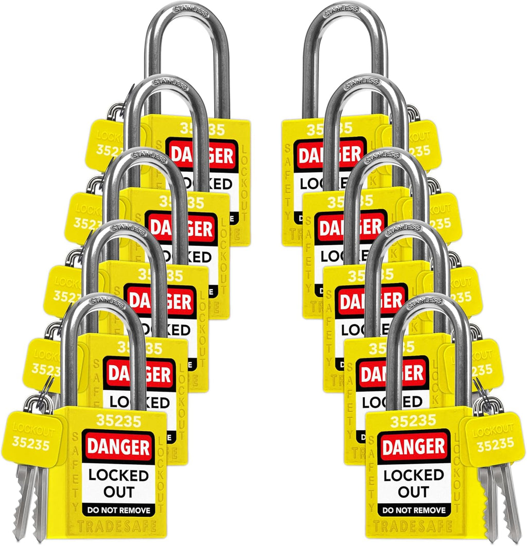 TRADESAFE Lockout Tagout Locks Set - 10 Yellow Keyed Alike Padlocks, 2 Keys Per Lock, OSHA Compliant Loto Locks