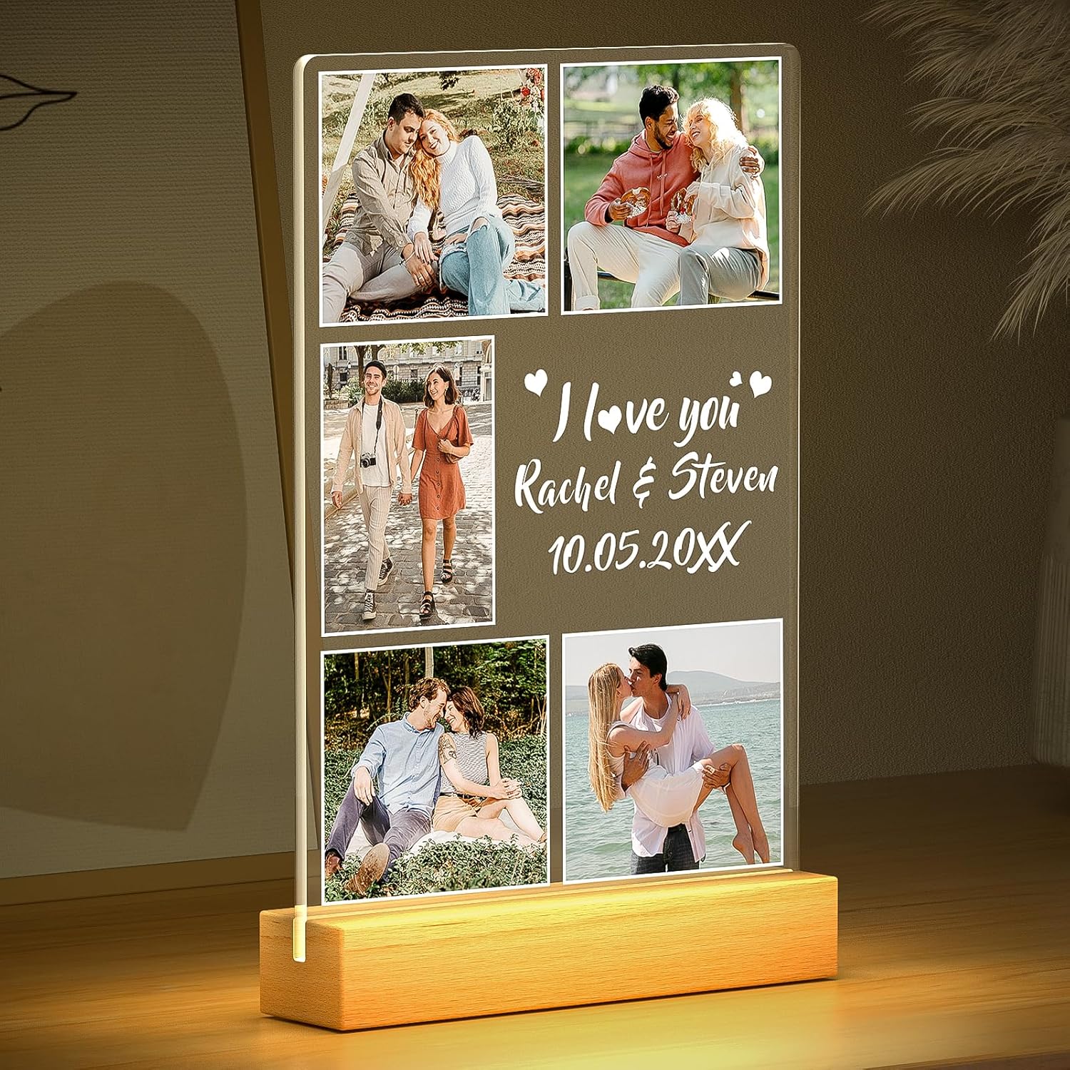 Custom Picture Frame with Photo, Customized Photo Frame with Night Light, Personalized Boyfriend Girlfriend Gifts for Couples, Personalized Anniversary Valentines Day Gifts for Women Men Her Him Wife