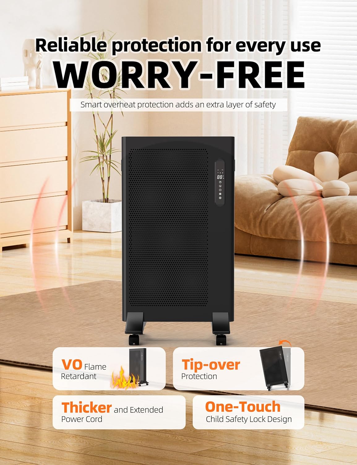 Mica Infrared Space Heater, 1500W Portable Panel Heater for Indoor Use, Large Room, WiFi Smart App & Alexa Control, Fast Heating, Energy Efficient, Quiet, Black