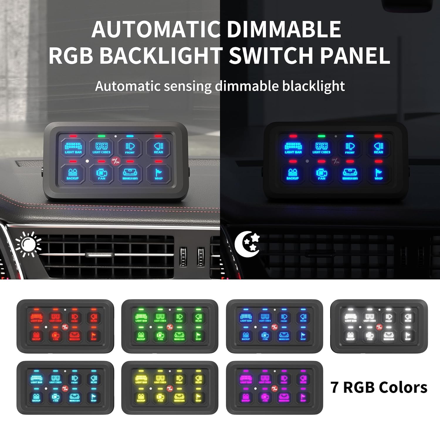 DaierTek 8 Gang Switch Panel RGB LED Lighted Multi-Function Switch Pod Toggle Momentary Pulsed Touch Control Switch Panel Dimmable for Car ATV UTV Boat Marine