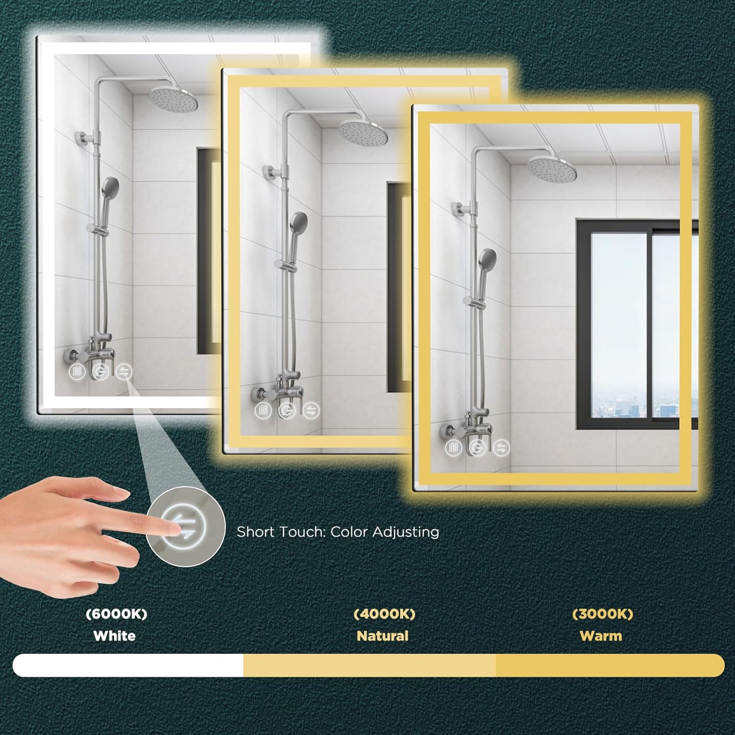 LED Bathroom Mirror 24"x 32" with Stepless Dimmable Wall Mirrors with Anti-Fog, Dimmable CRI>90, Vanity Mirror with 3 Color Modes, Shatter-Proof, Memory Bathroom Mirror with LED Lights