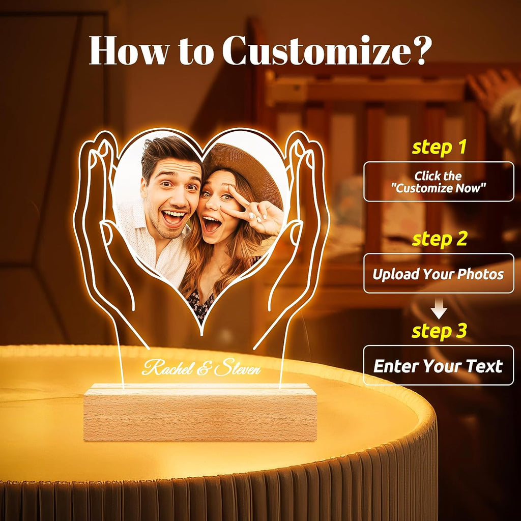 Custom Picture Frames, Customized Picture Frame, Personalized Photo Frame with Night Light, Personalized Anniversary Valentines Day Gifts for Women Men Her Him Girlfriend Boyfriend Couples