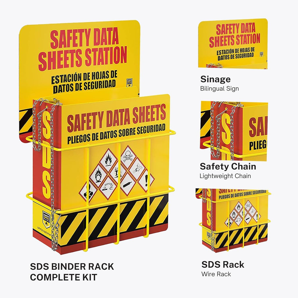 SDS Display Kit Rack Set with Heavy Duty 3 Inch Ring Binder, Wire Rack, SDS Station Sign, Chain, Mounting Hardware & SDS Poster - Organize Safely and Efficiently