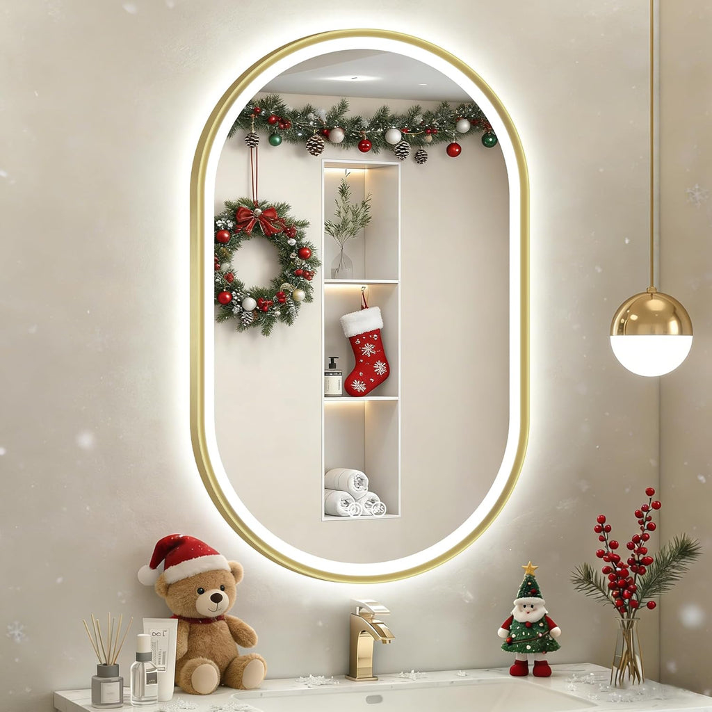 S'bagno Oval-Led-Bathroom-Mirror with Golden Frame Dimmable Brightness, Lghted-Bathroom-Mirror with Defogger, Touch-Buttons, Lights Color Changing, Vertical and Horizontal