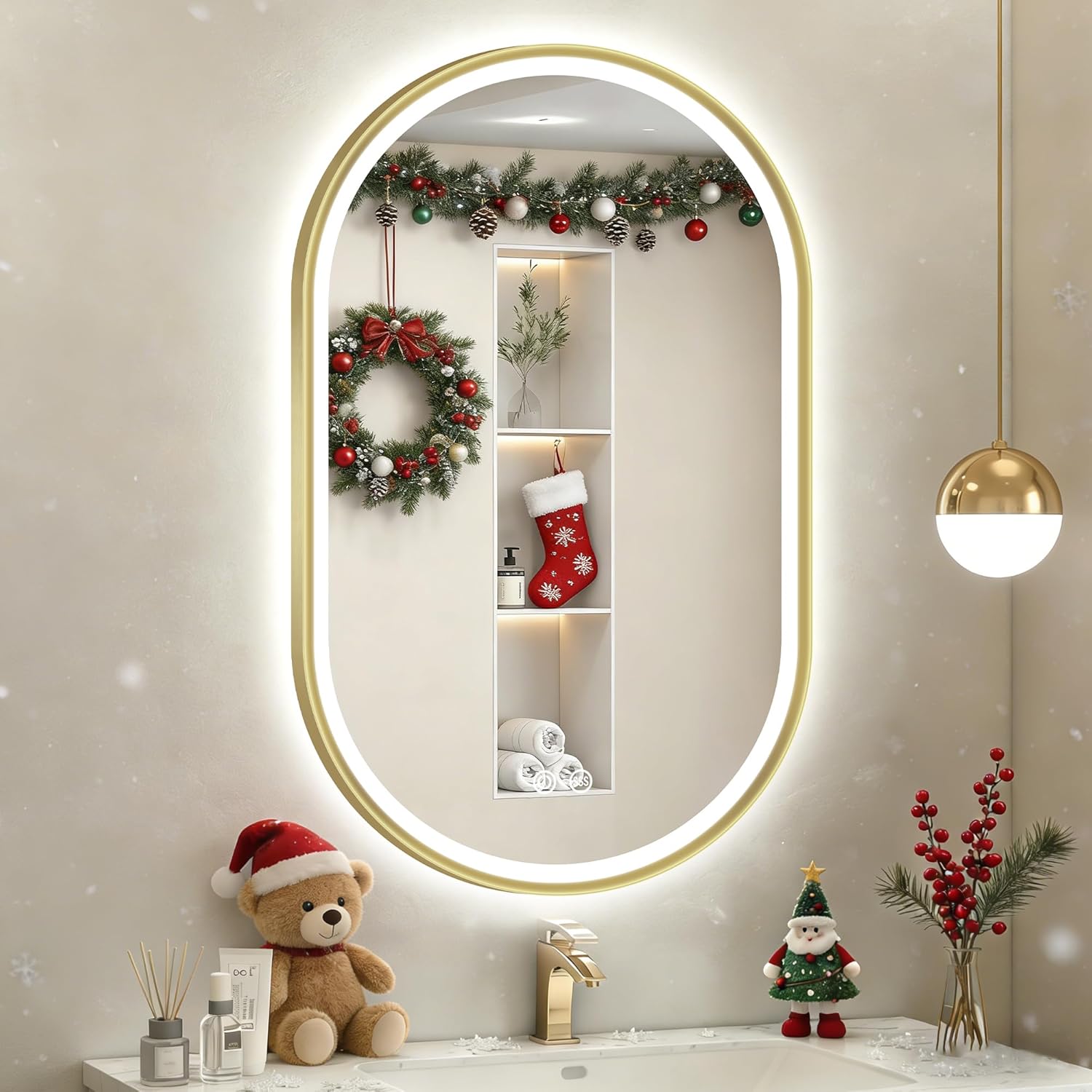 S'bagno Oval-Led-Bathroom-Mirror with Golden Frame Dimmable Brightness, Lghted-Bathroom-Mirror with Defogger, Touch-Buttons, Lights Color Changing, Vertical and Horizontal