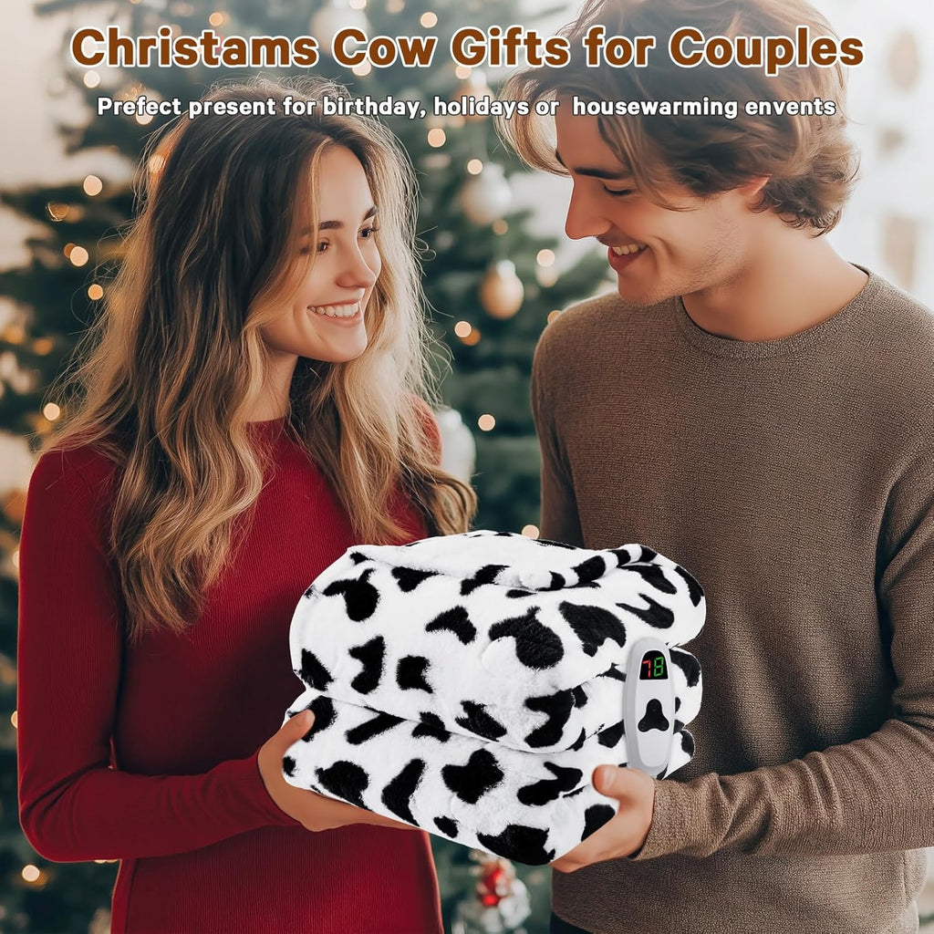 Cow Print Electric Heated Blanket Queen Size,84X90 Black Heating Blanket Queen with Dual Control&Timer&10 Heat Levels,Cute Cow Decor Sherpa Blankets Warmer Gifts for Bed Women Adults
