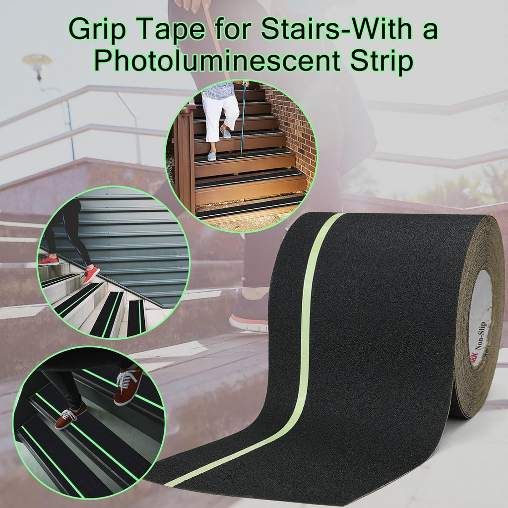 S&X Anti Slip Tape 6 Inch x 60 Ft, 2X Longer Heavy Duty Grip Tape with Glow-in-Dark Strip, Outdoor Stair Treads Non-Slip for Steps, Ramps, Boats, Decks, Non-Skid Safety, Long-Lasting