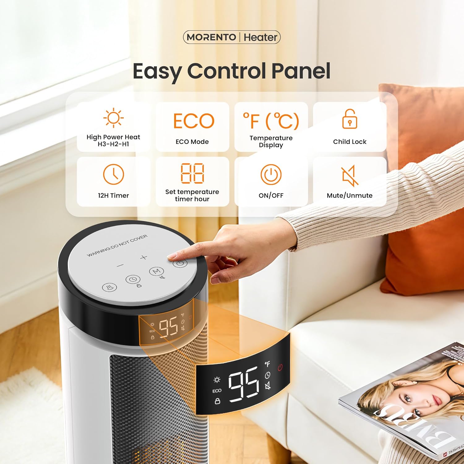MORENTO Space Heater for Indoor Use, 1500W Ceramic Fast Heat, Electric Space Heater for Large Room with Remote, Thermostat, Digital Display, 5 Modes, 12H Timer, 70° Oscillation, 23dB White 1 Pack