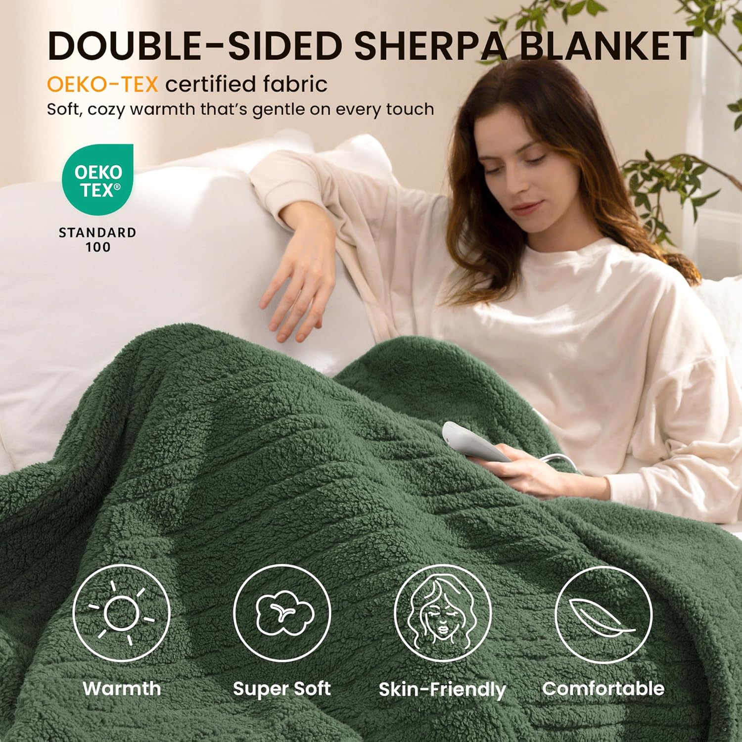 Heated Blanket Electric Blanket Twin - Fast Heating Blanket Throw Double Sided Sherpa Ultra Soft Cozy with 10 Heating Levels & 2-10 Hours Auto Off, Mashine Washable, 62 x 84 Inches, Green
