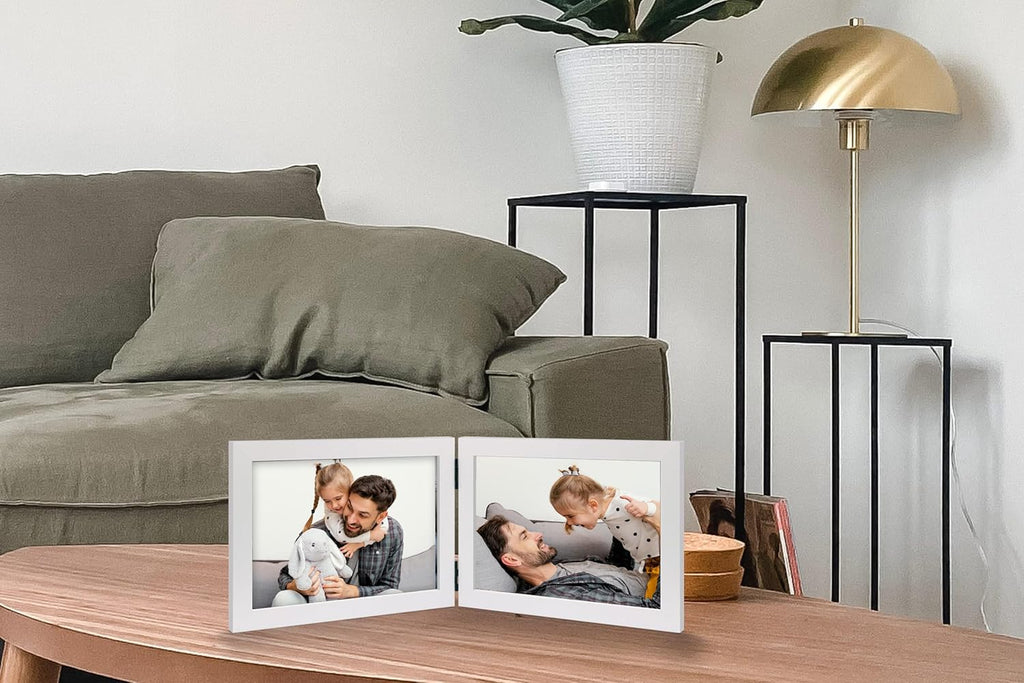 Double 4x6 Horizontal Combo, White Wood Picture Frame, 3.5x5.5 Opening Foldable Landscape View Photo Frame on Table-top or Wall