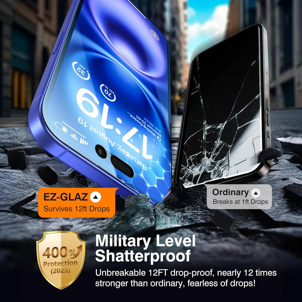 EZ-GLAZ- 4 Pack for iPhone 16 Plus Privacy Screen Protector [6.7"] With 2 Pack Camera Lens Protector, 9H+ Hardness 12FT Military Grade Shatterproof Durable Tempered Glass Film with Flawless Fit Kit