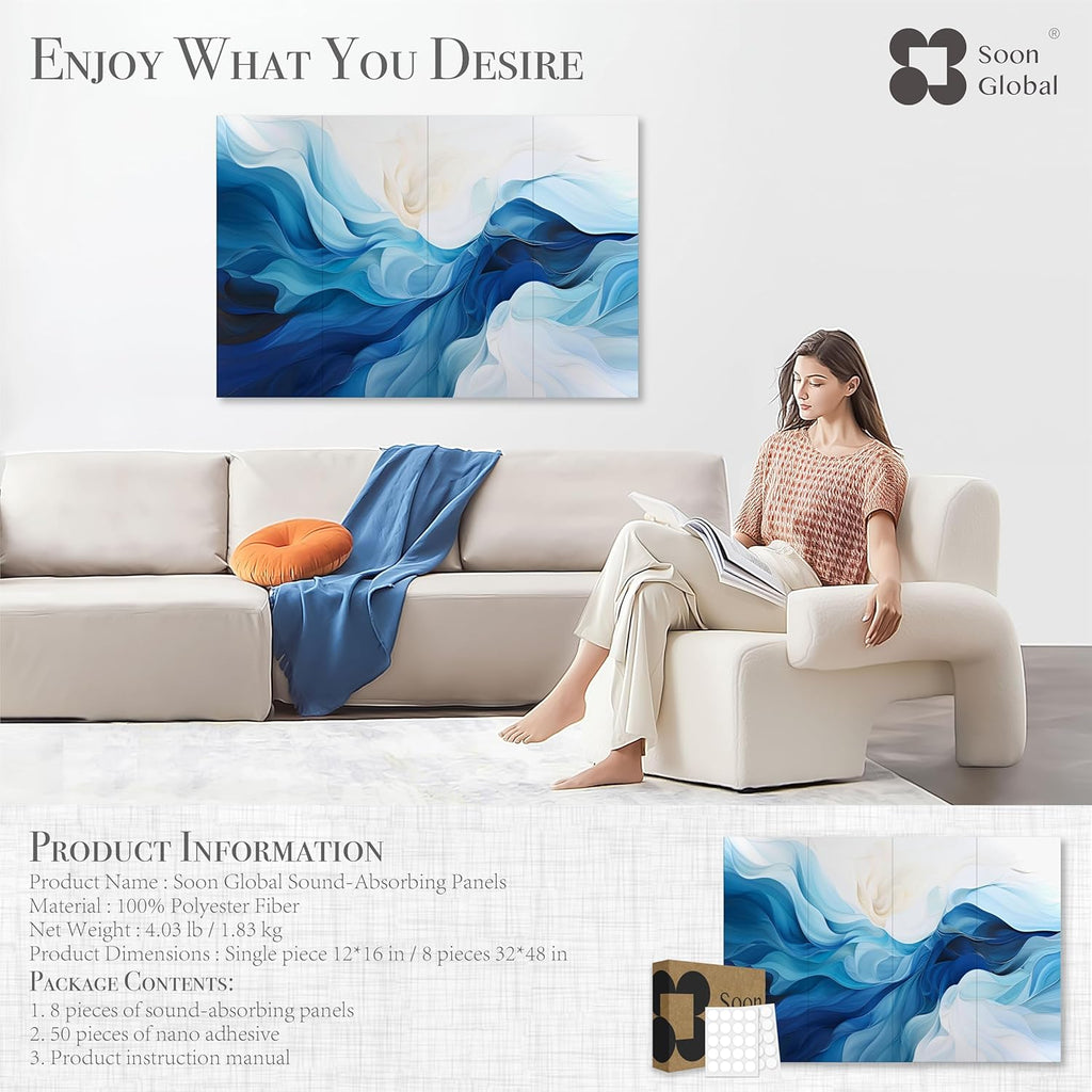 8-Pack Acoustic Panels, Soundproof Wall Panels, 48 X 32 Inches Sound Absorbing Panels, Decorative Acoustical Wall Panels, Acoustic Treatment for Recording Studio, Harmony in Azure