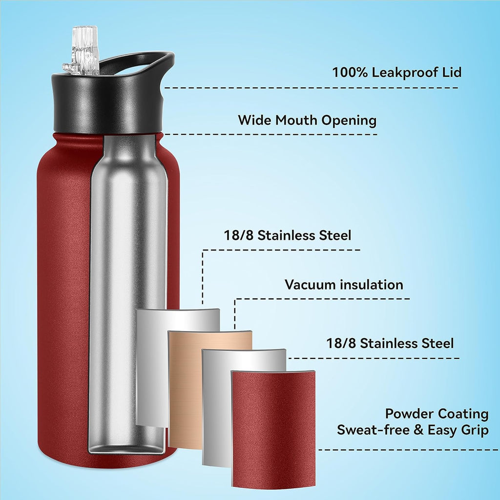 VEGOND 32 oz Insulated Water Bottle Stainless Steel Metal Water Bottles with Leak Proof Straw Lid & Spout Lid, Wide Mouth Double Walled Vacuum Travel Sports Bottle, Red