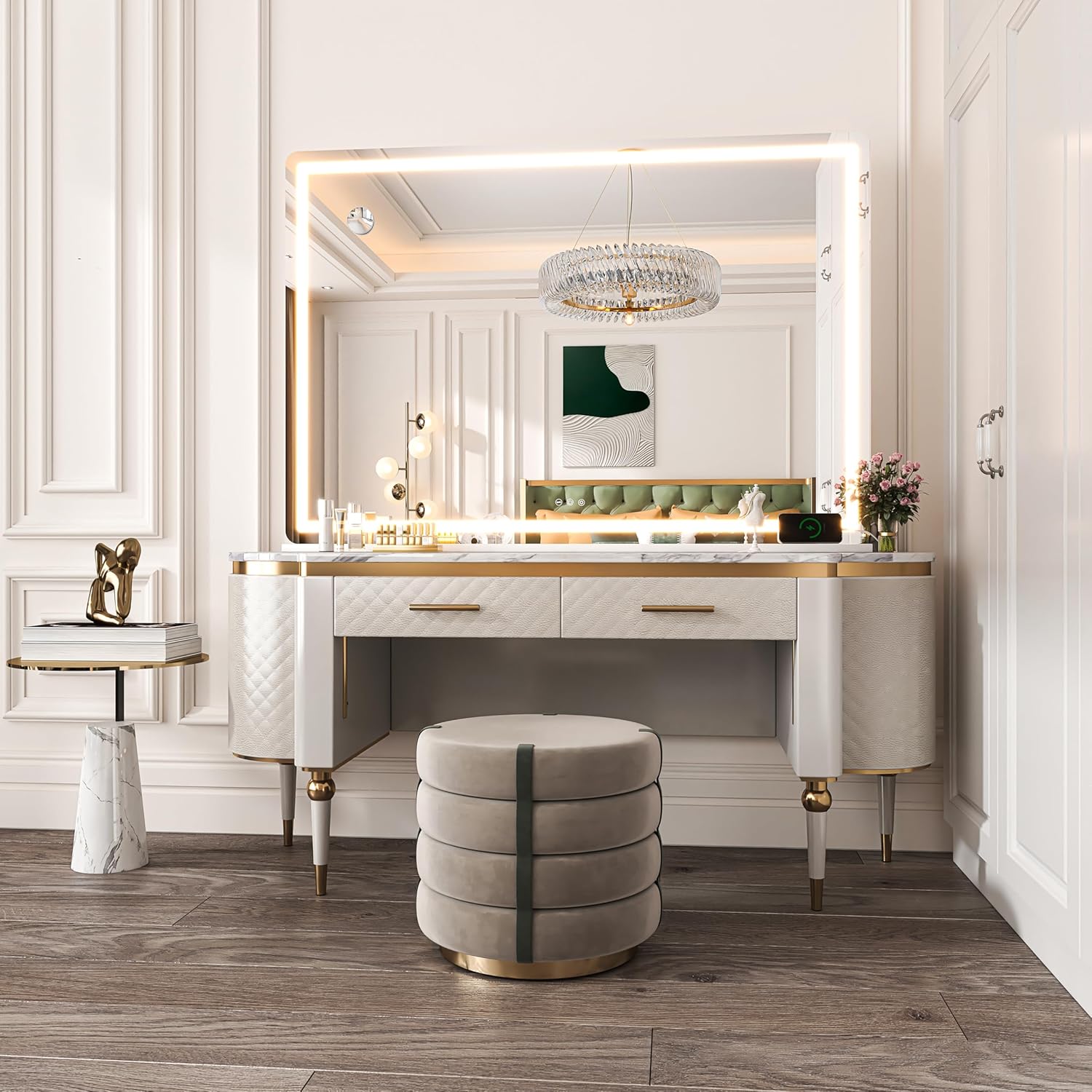 Hasipu Vanity Mirror with Lights, 55.1" x 36" LED Makeup Mirror, Lighted Makeup Mirror with Dimmable 3 Modes, Touch Screen Control Vanity Mirror Round White