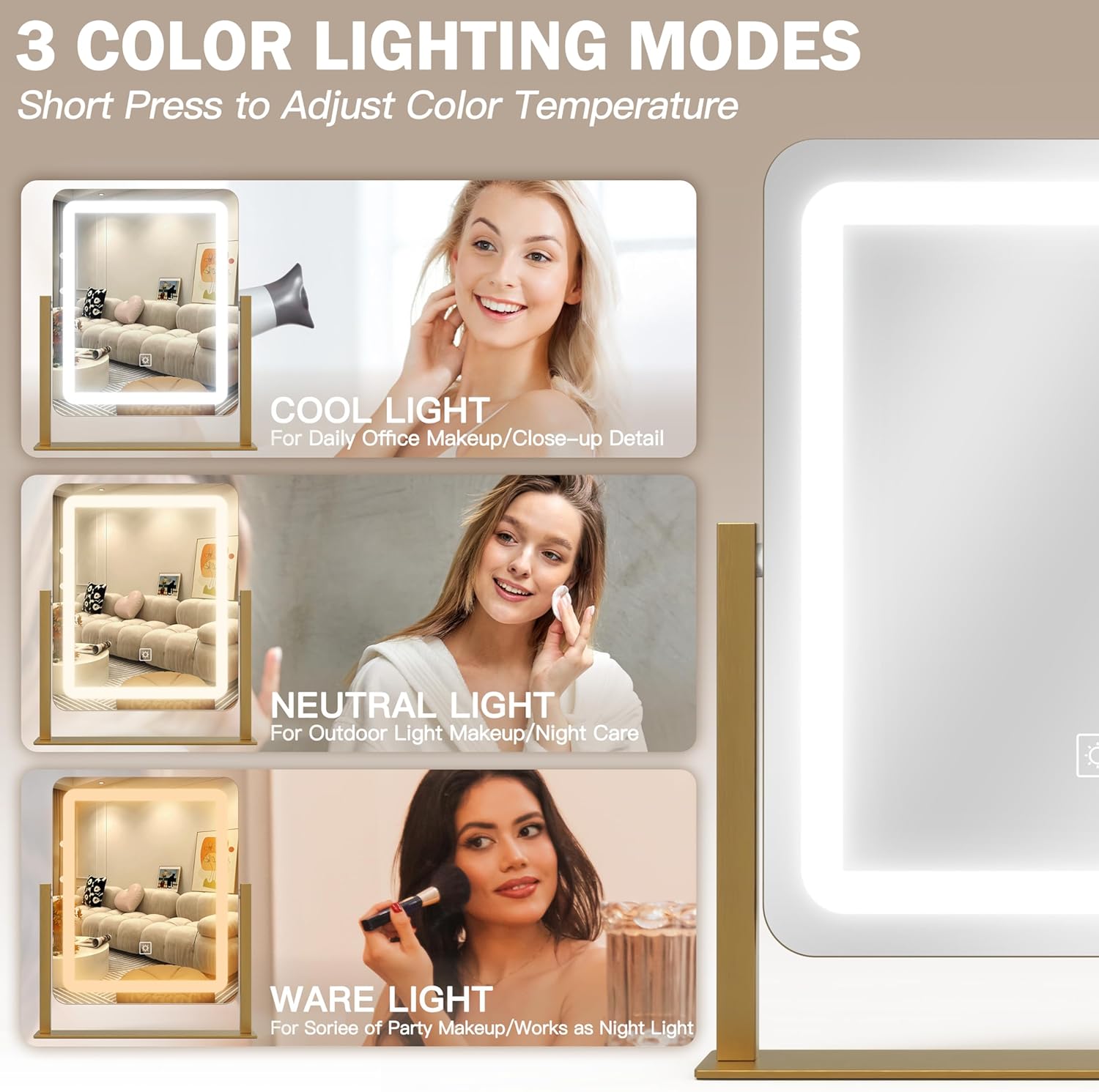 ROLOVE Vanity Mirror with Lights, 12.6"×15" LED Makeup Mirror, Lighted Makeup Mirror with Lights, Smart Touch Control Dimmable 3 Modes Light, Lighted Up Mirror for Makeup Desk, Gold