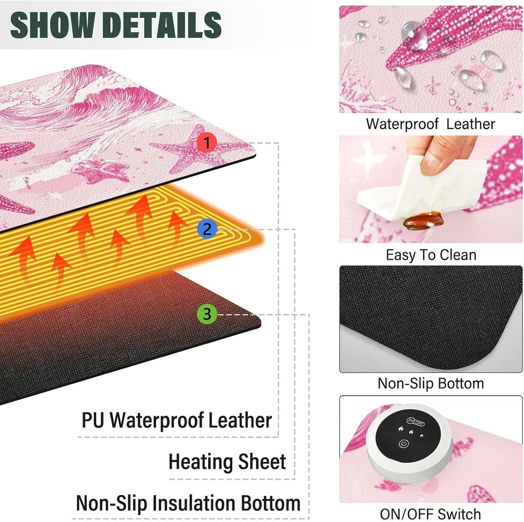 Heated Desk Pad Mouse Pad 31.5x13 Inch PU Leather Desk Mat with 3 Heat Levels Large Mouse Gaming Computer Laptop Mat Bright Pink Starfish Waves Shells