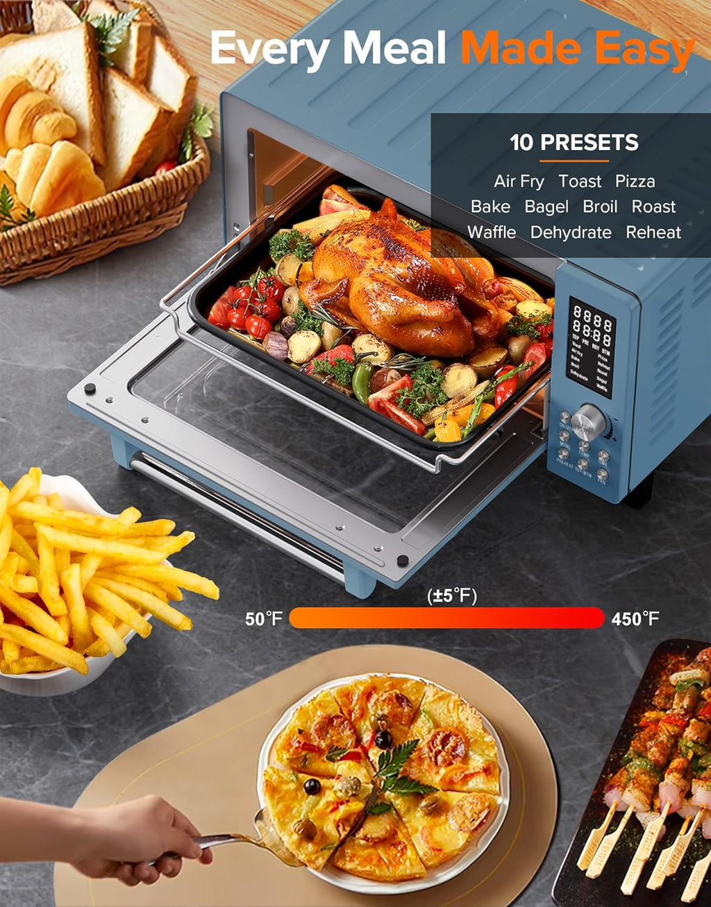 Nuwave Bravo Pro Smart Air Fryer Toaster Oven Combo, Airfryer Convection Oven Countertop, 10-in-1 Functions with Quicker & Even Crisp Technology, 1800W, 50-450°F, PFAS-Free, 21QT, Cozy Blue