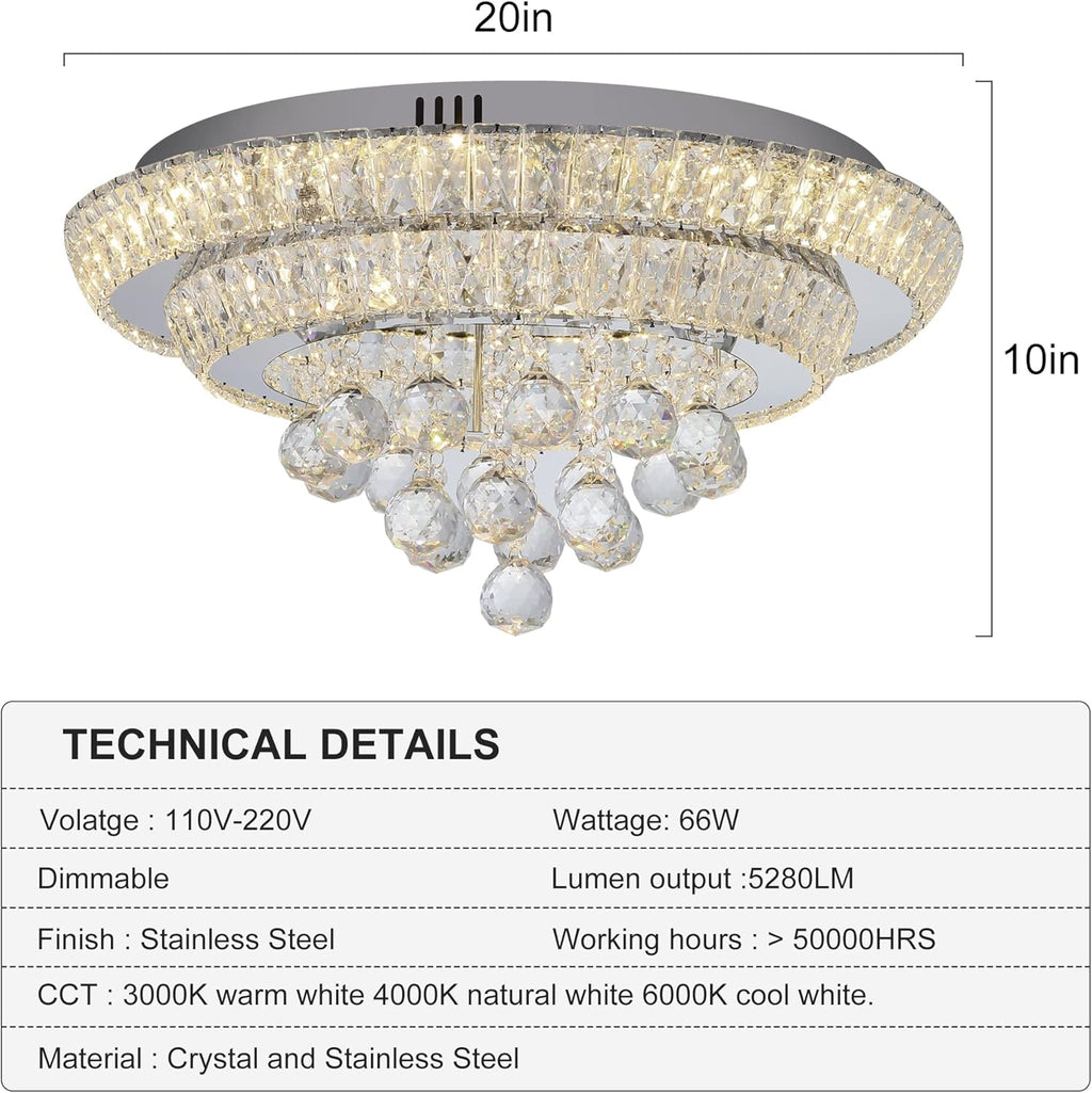 Elegant LED Crystal Raindrop Ceiling Light,20" Flush Mount Chandelier Light Fixture with Remote Control for Living Room Kitchen Island Bathroom Bedroom Hallway Entryway(Dimmable)