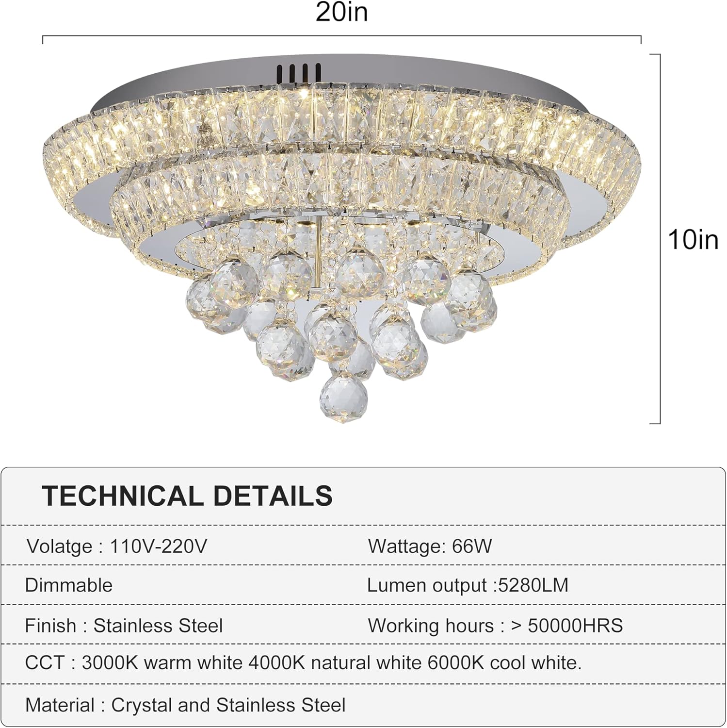 Elegant LED Crystal Raindrop Ceiling Light,20" Flush Mount Chandelier Light Fixture with Remote Control for Living Room Kitchen Island Bathroom Bedroom Hallway Entryway(Dimmable)