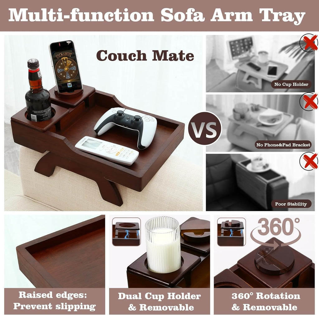 Couch Cup Holder Tray, 15.4"x9.9" Large 4 in 1 Couch Armrest Table with 360°Rotated Phone Holder, Non-Slip Clip on Side Table for Drinks/Remote/Snacks, Ideal Gift for Husband, Wife, Parents