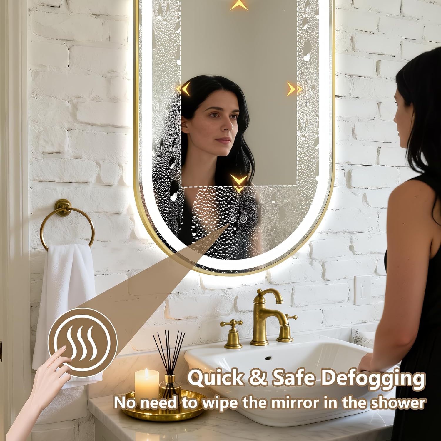 Niccy Oval LED Mirror for Bathroom, 48x30 Front Lit + Backlit Vanity Mirrors with Light Anti-Fog, Shatter-Proof, 3 Colors, Makeup Mirror with Old Gold Frame (Horizontal/Vertical)