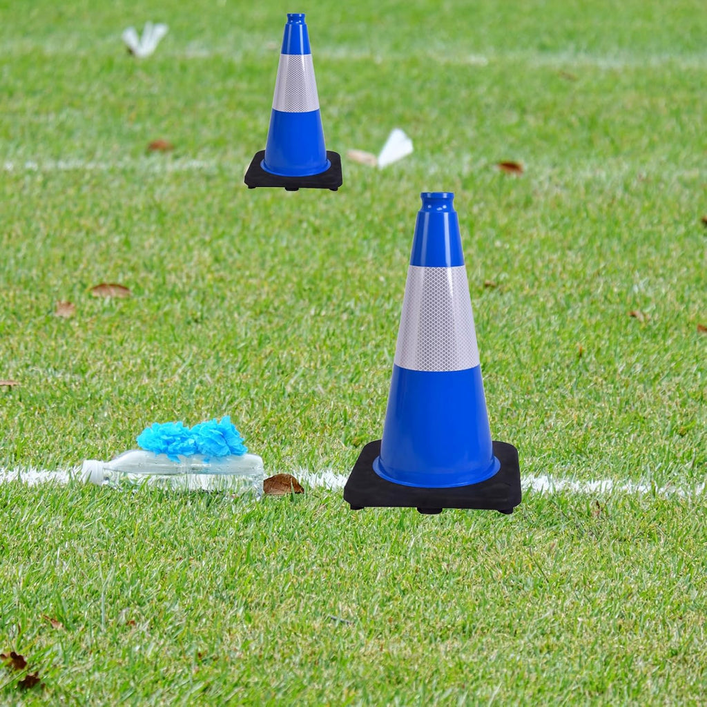 6 Pack 18 Inch Blue Traffic Cones with Reflective Stripes, Black Base Safety Cones for Parking Lots, Sports Events and Property Marking (6, Blue, 18 Inch)