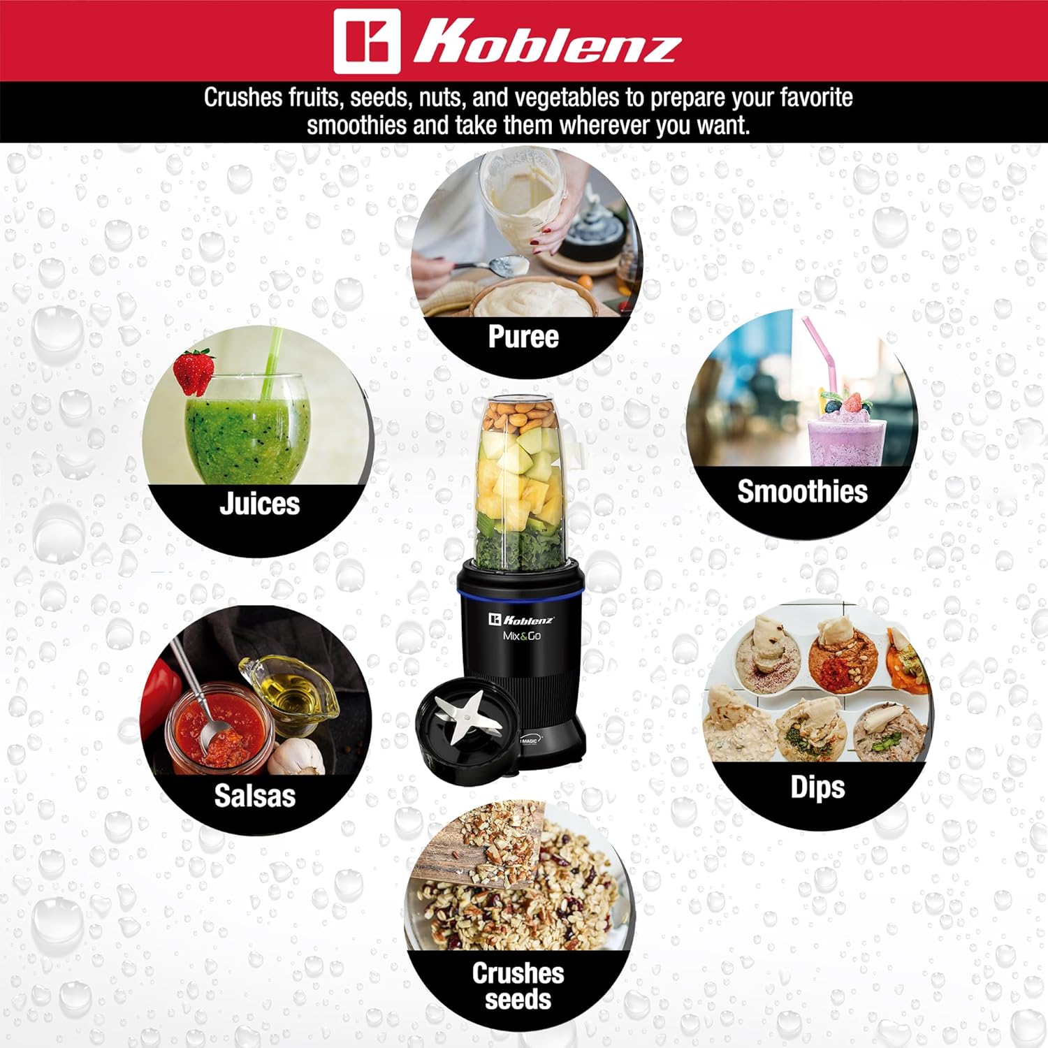 Koblenz Mix&Go Personal Blender, Portable Size Blender for Shakes and Smoothies with Auto-Stop Function, 1000w Motor, Stainless Steel Blades, To-Go Cup, Easy to Clean, Black