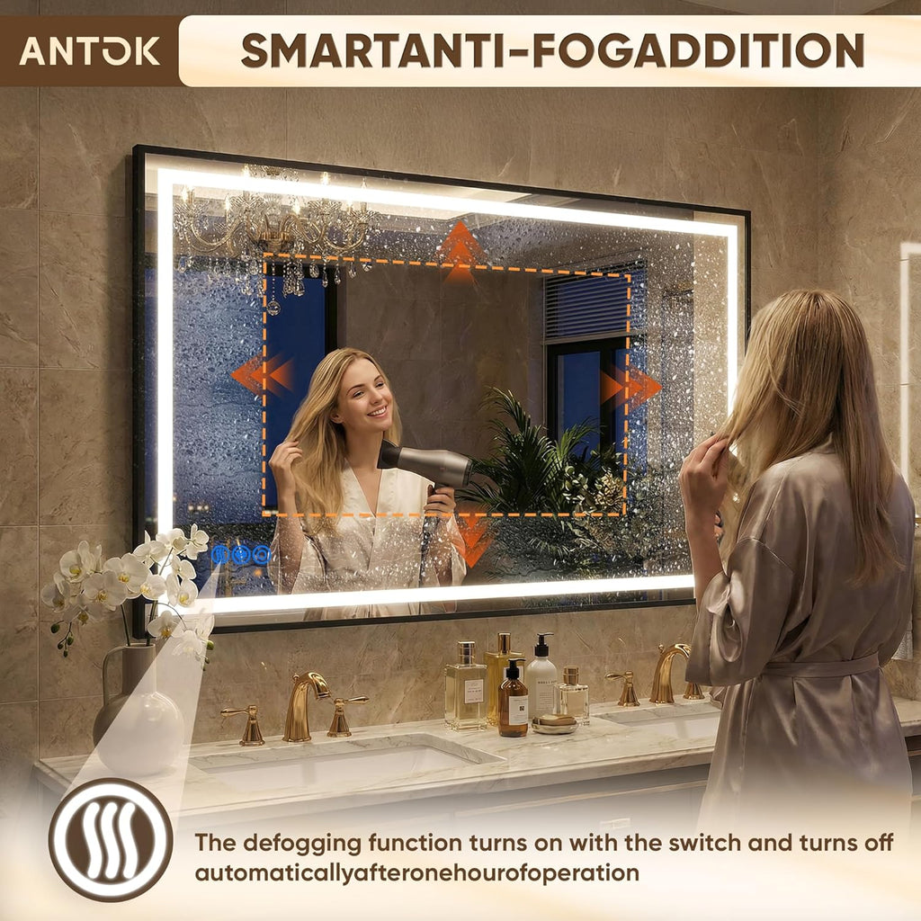 Antok 48X32 LED Bathroom Mirror with Lights, Vanity Mirror for Wall with Black Frame, Touch Control, Anti-Fog, Dimmable Lights, Shatter-Proof, Memory Function, Wall-Mounted Vanity Mirrors