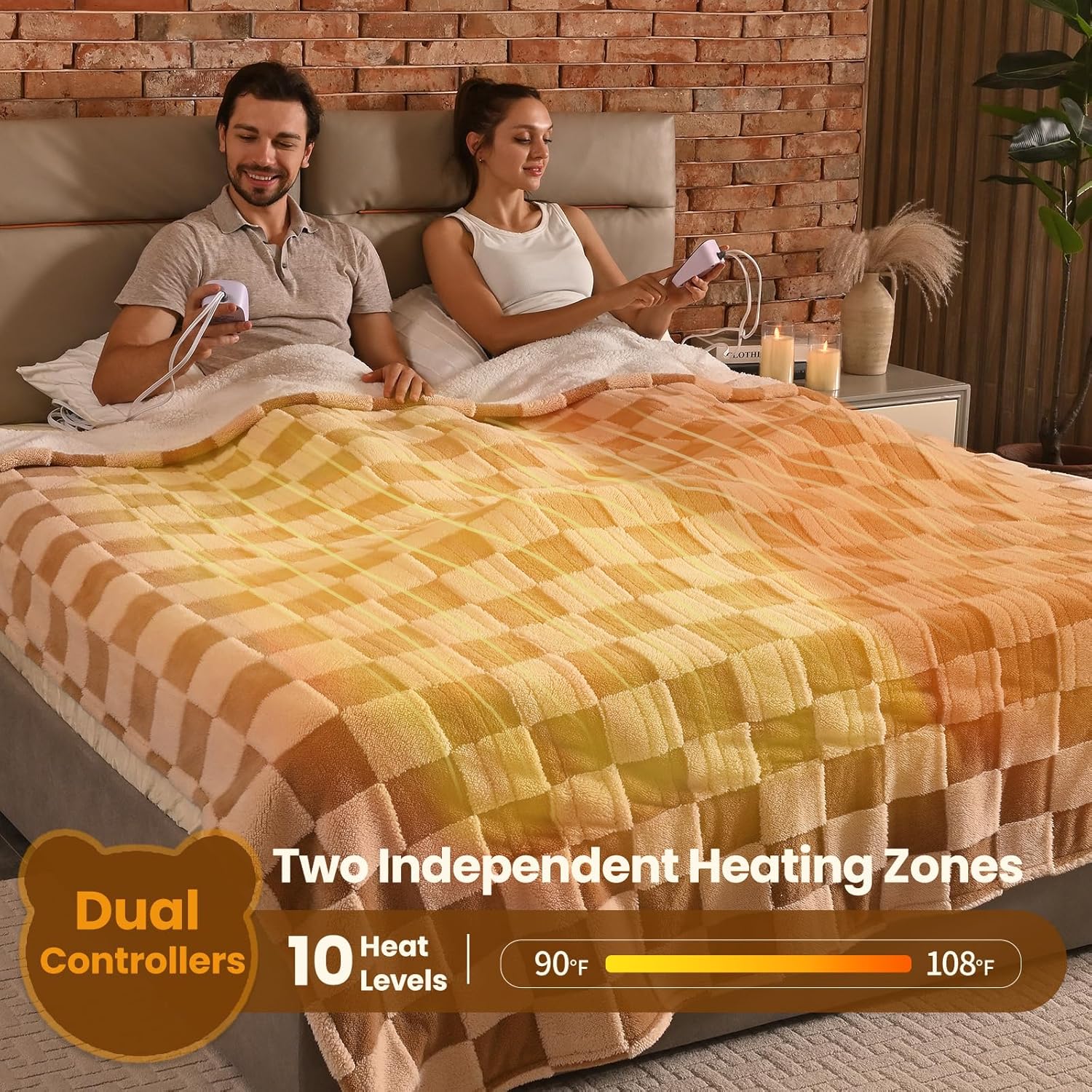 Bearhug Heated Blanket King Size 100" x 90" Dual Controller Electric Blanket, Reversible Brown Plaid Sherpa Heating Blanket, 10-Heat Levels & 1-12H Auto Off, ETL, Machine Washable