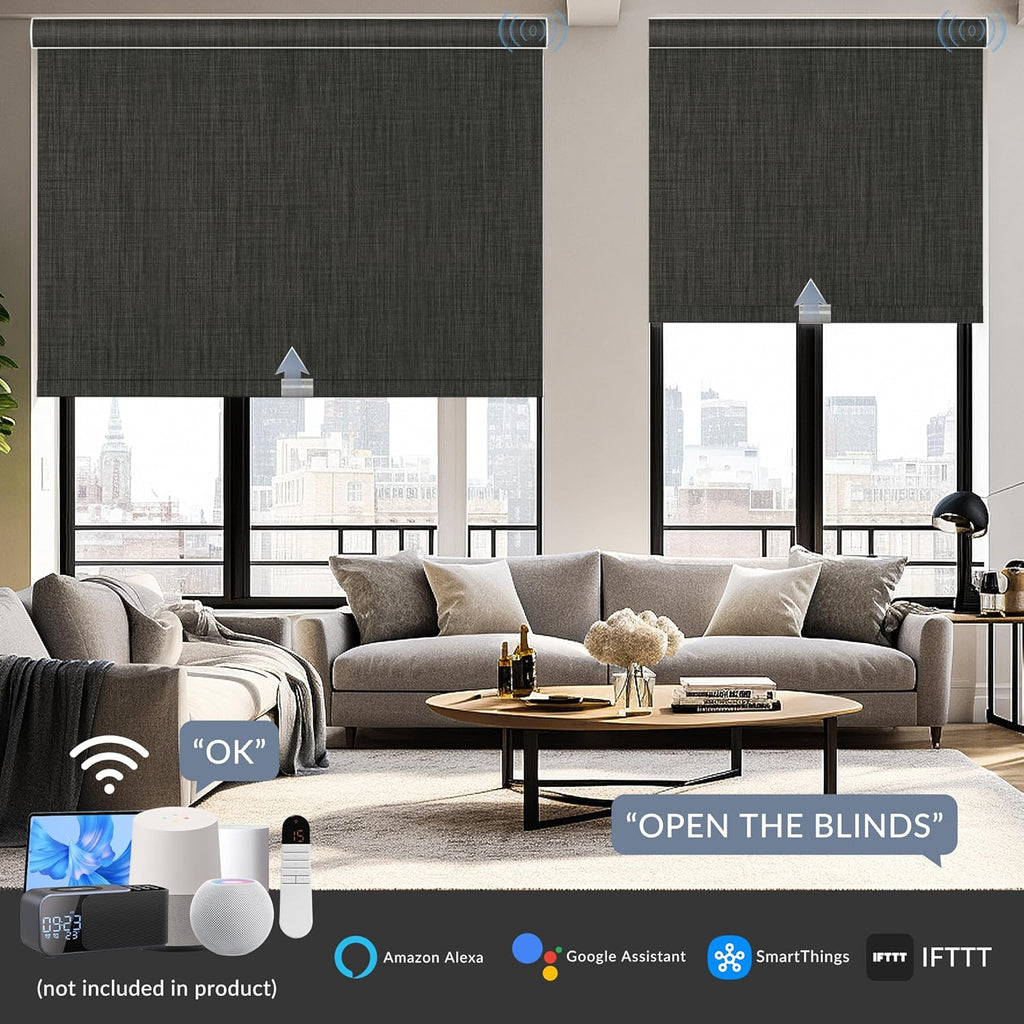Boolegon Motorized Roller Blinds - 100% Blackout Smart Electric Shades with Remote, Compatible with Alexa/Google Home/HomeKit via Hub, Easy Install for Home Office, Dark Grey, Custom Size.
