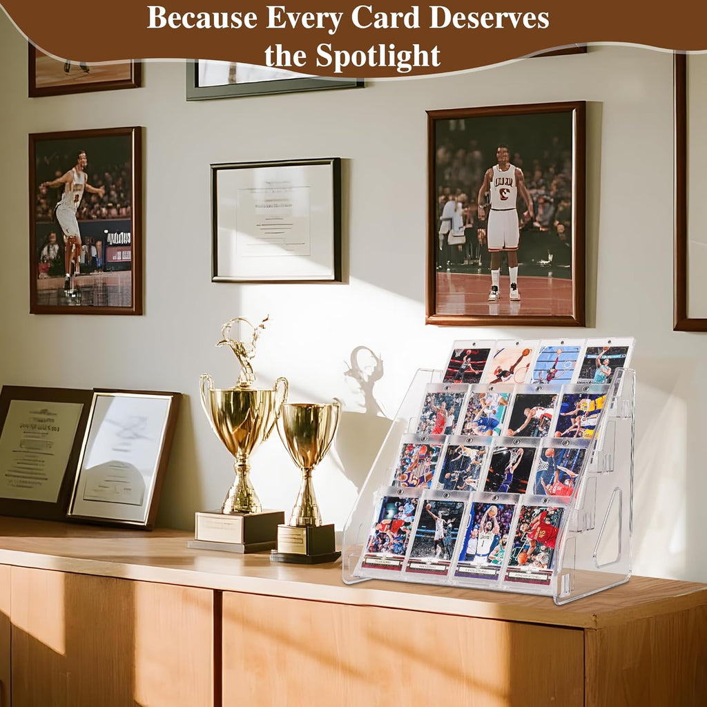 Elevated 4 Tier Clear Acrylic Card Display Stand for Trading Cards, Sports Cards, Greeting Cards, Stickers – Slanted Holder for PSA Slabs, Vendors, Collectors & Retail (4 Tier 1 Pack)