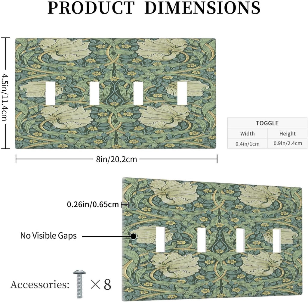 Light Switch Covers Vintage Floral Plant Sage Green William Morris Quad Toggle 4 Gang Wall Plate Electrical Faceplate Decorative Switch Plates for Bedroom Home Decor