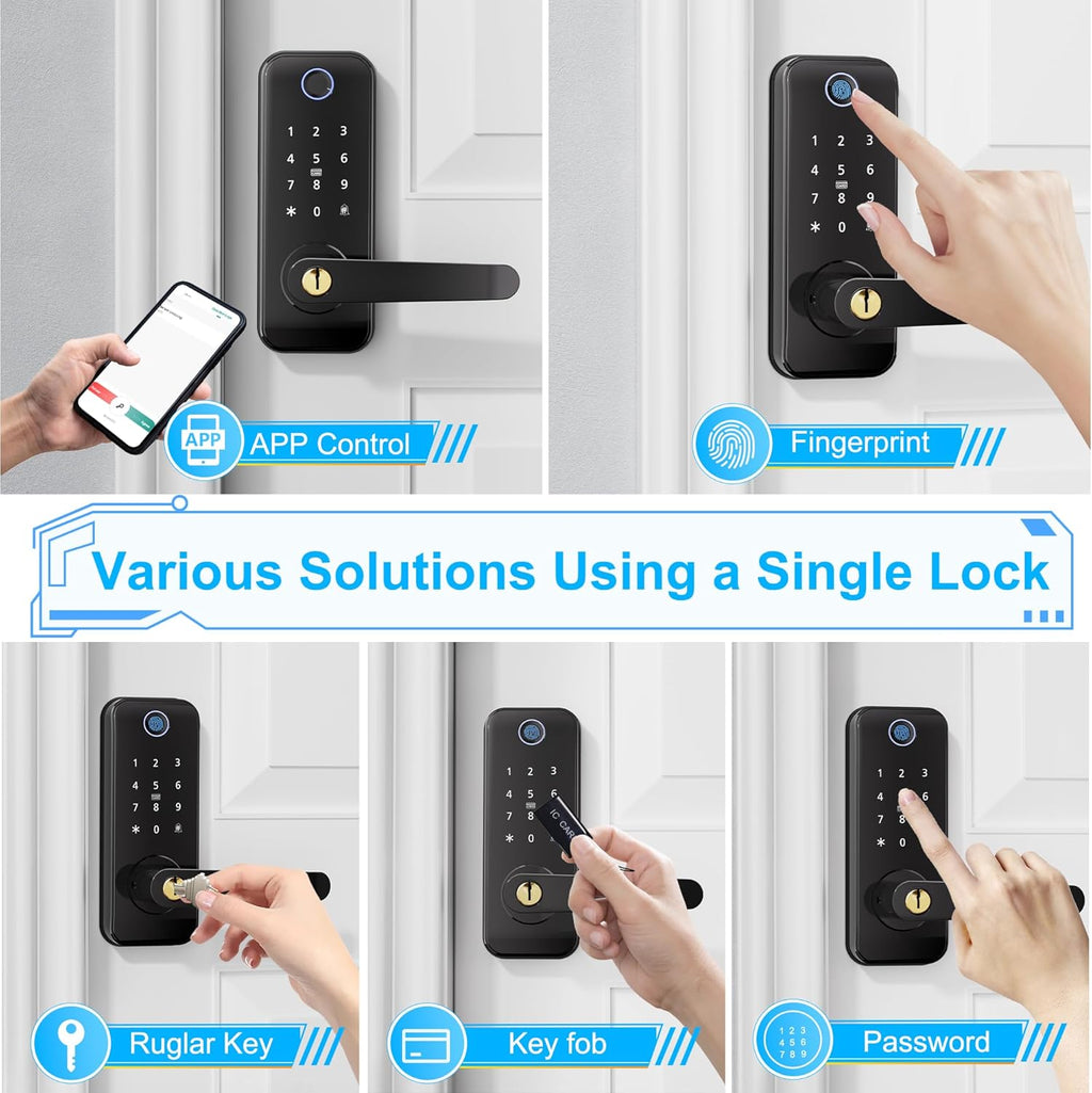 Keyless Entry Fingerprint Smart Door Lock with Handle,Digital Electronic Lock with Touchscreen Keypad,Electric Door Knob for Exterior Interior Entry/Bedroom Front Doors,Built-in WiFi